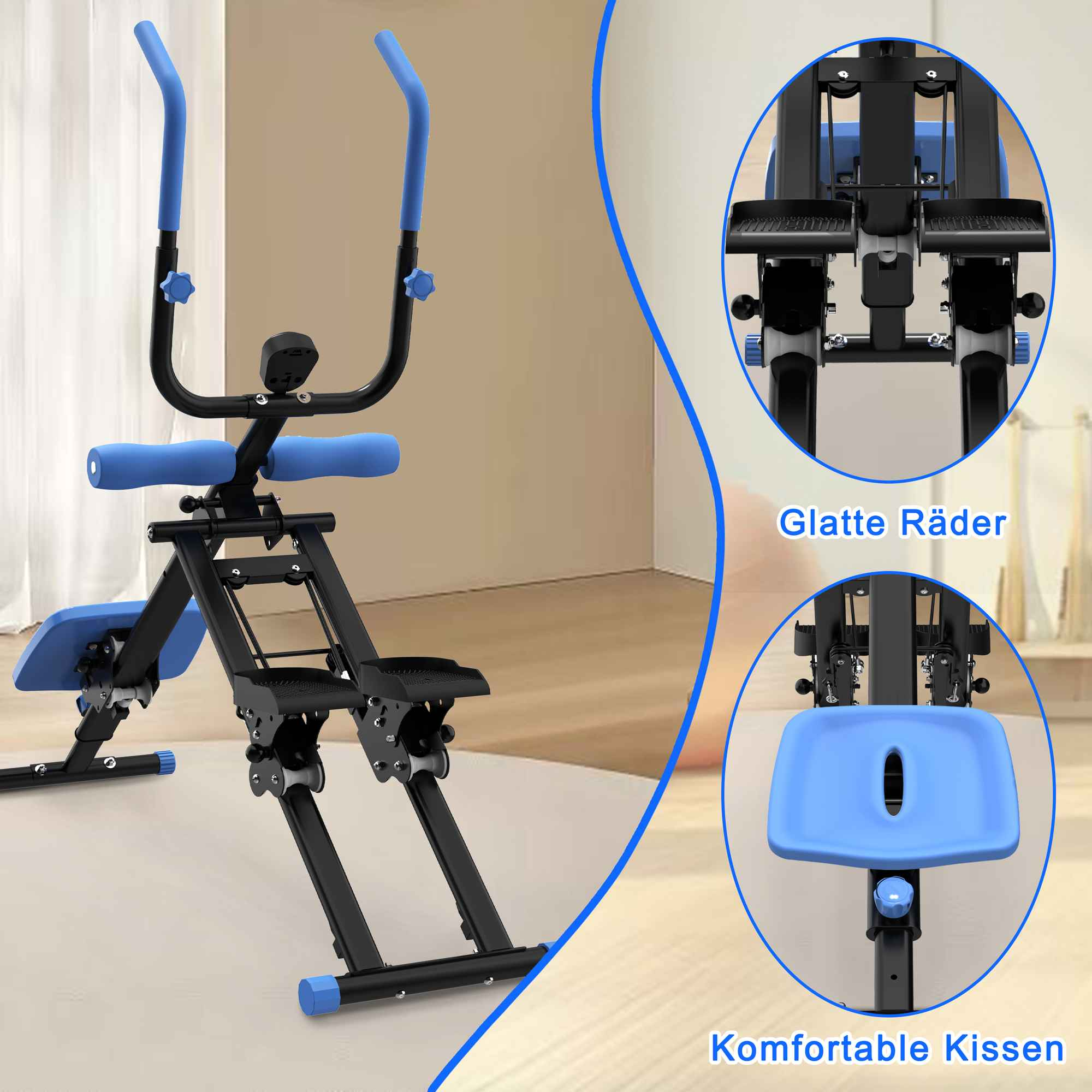 Ein Trainingsgerät mit blauem Sitz, Griffen und Stützen. Der Hintergrund ist eine hellfarbige Wand und ein Boden.