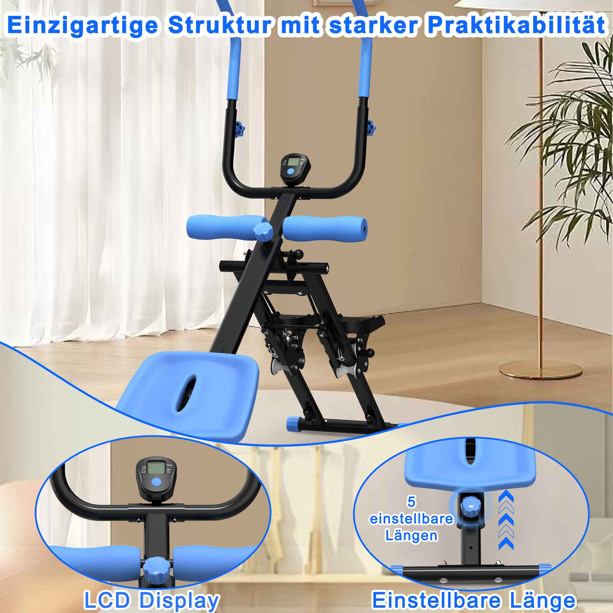 Trainingsgerät mit blauem Sitz und Armlehnen. Es hat ein LCD-Display und einstellbare Längeneinstellungen.