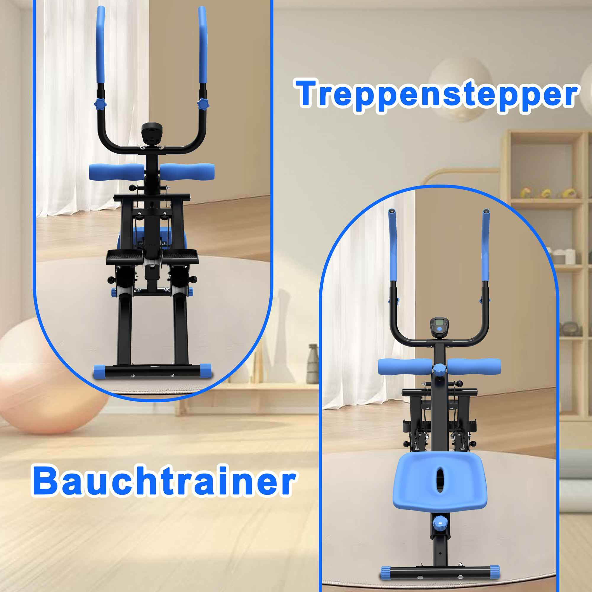 Eine Trainingsmaschine mit blauen Akzenten wird in zwei Ansichten gezeigt. Auf den Etiketten steht 'Treppenstepper' und 'Bauchtrainer'.