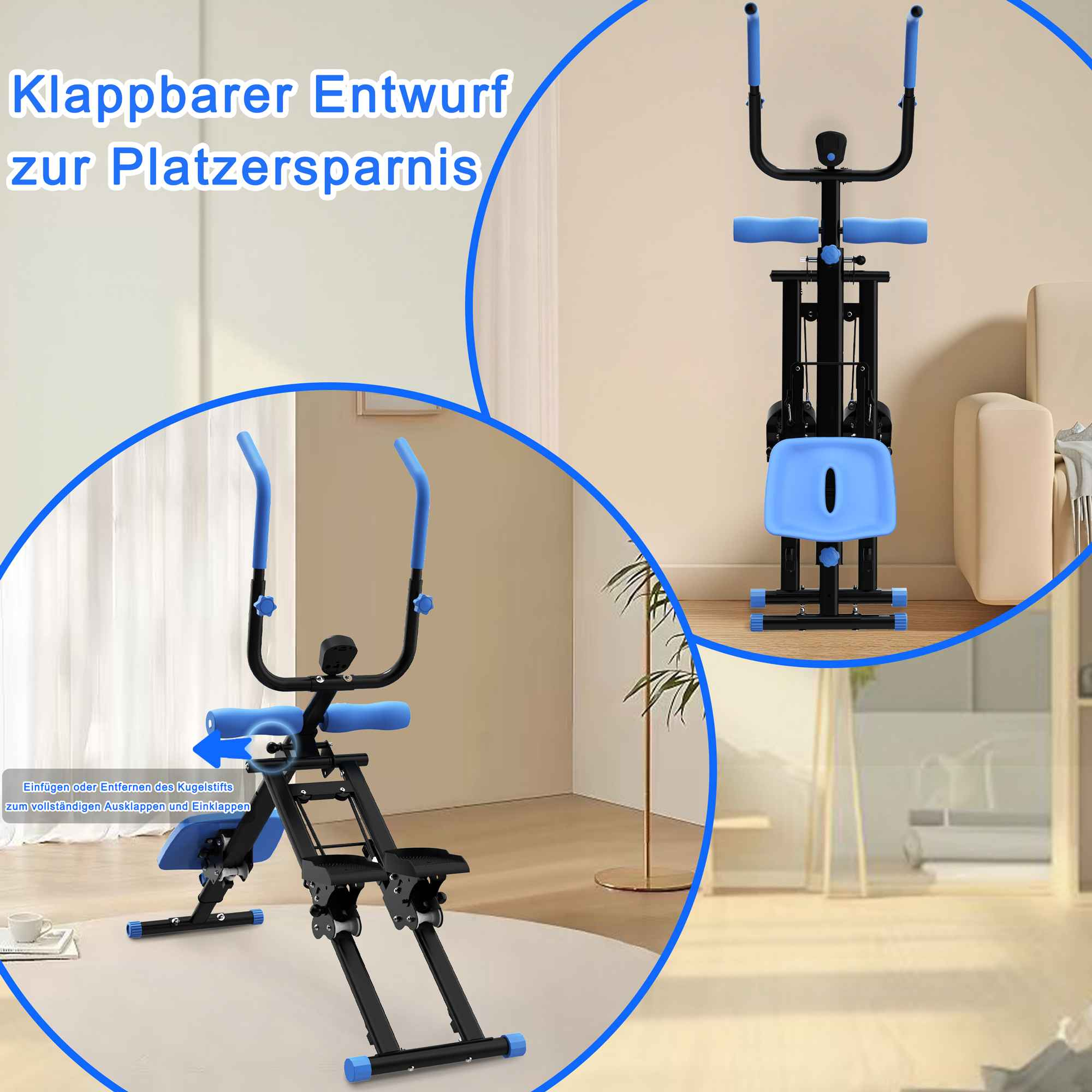 Eine Trainingsmaschine mit blauem Sitz und Griffen wird gezeigt. Sie ist zusammenklappbar, um Platz zu sparen.