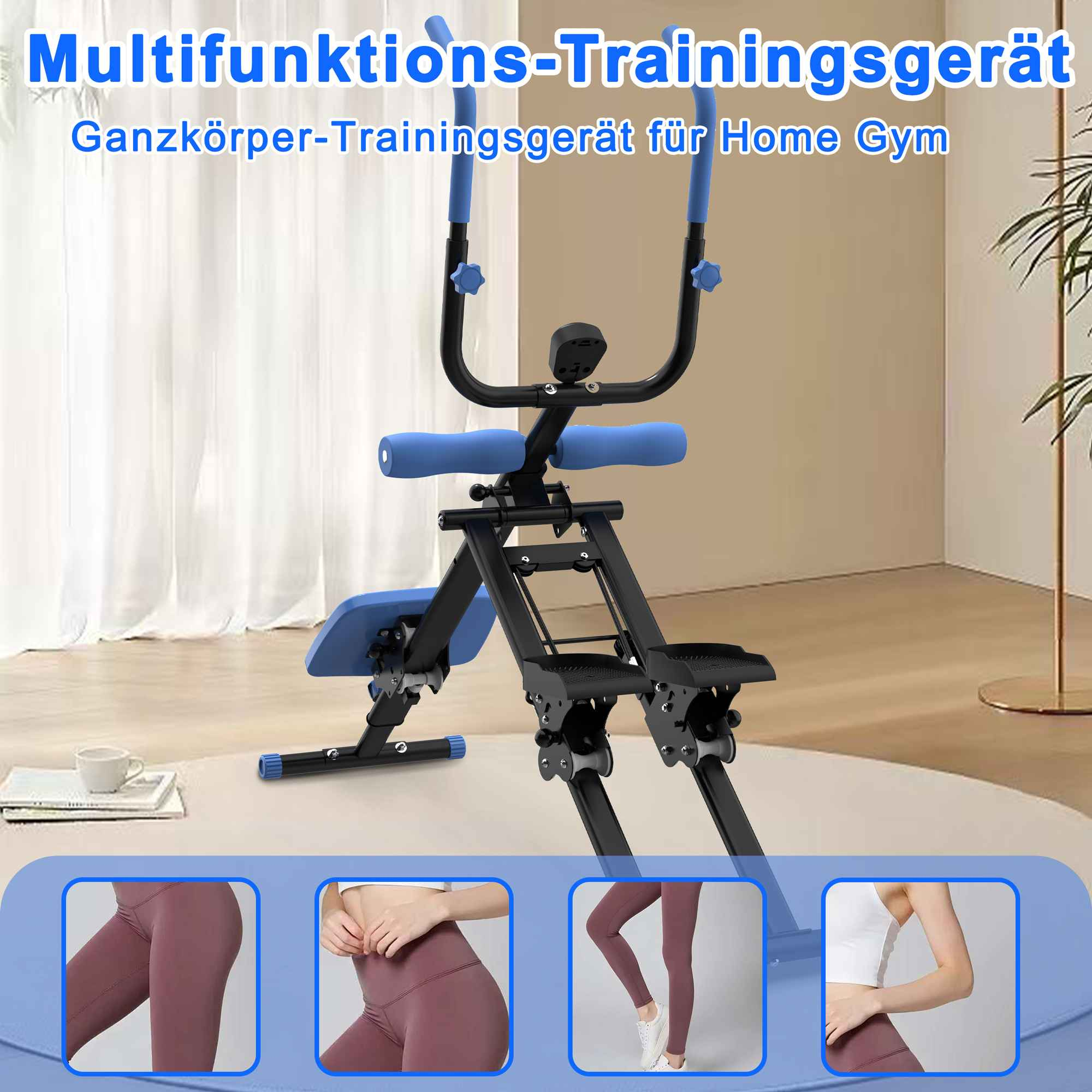 Ein Heim-Fitnessgerät mit blauen Polstern und Griffen wird gezeigt. Der Hintergrund zeigt einen Raum mit Pflanze und Vorhängen.