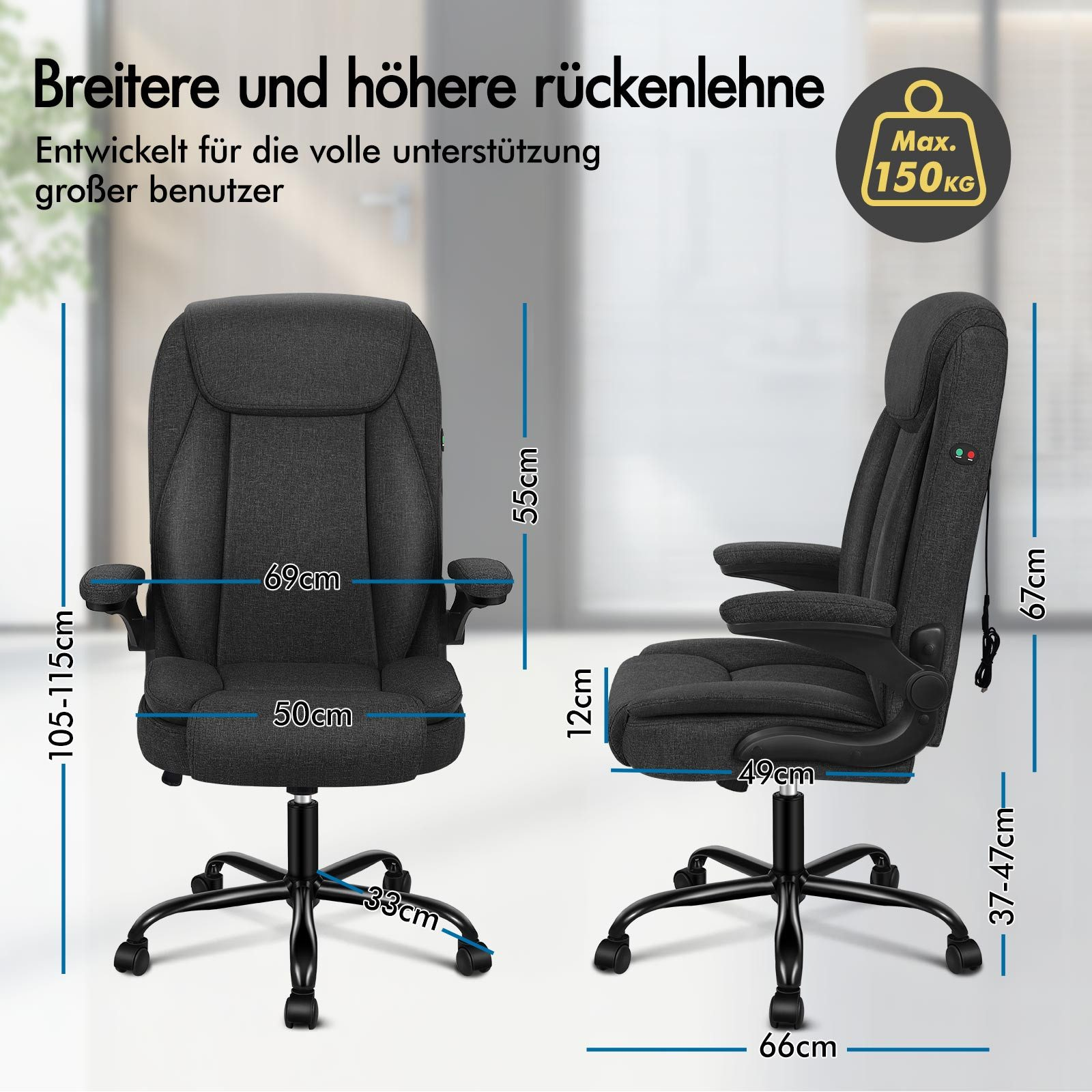 Bürostuhl mit Abmessungen. Er ist dunkelgrau mit schwarzem Sockel. Max. 150 kg. Text: Breitere und höhere rückenlehne.