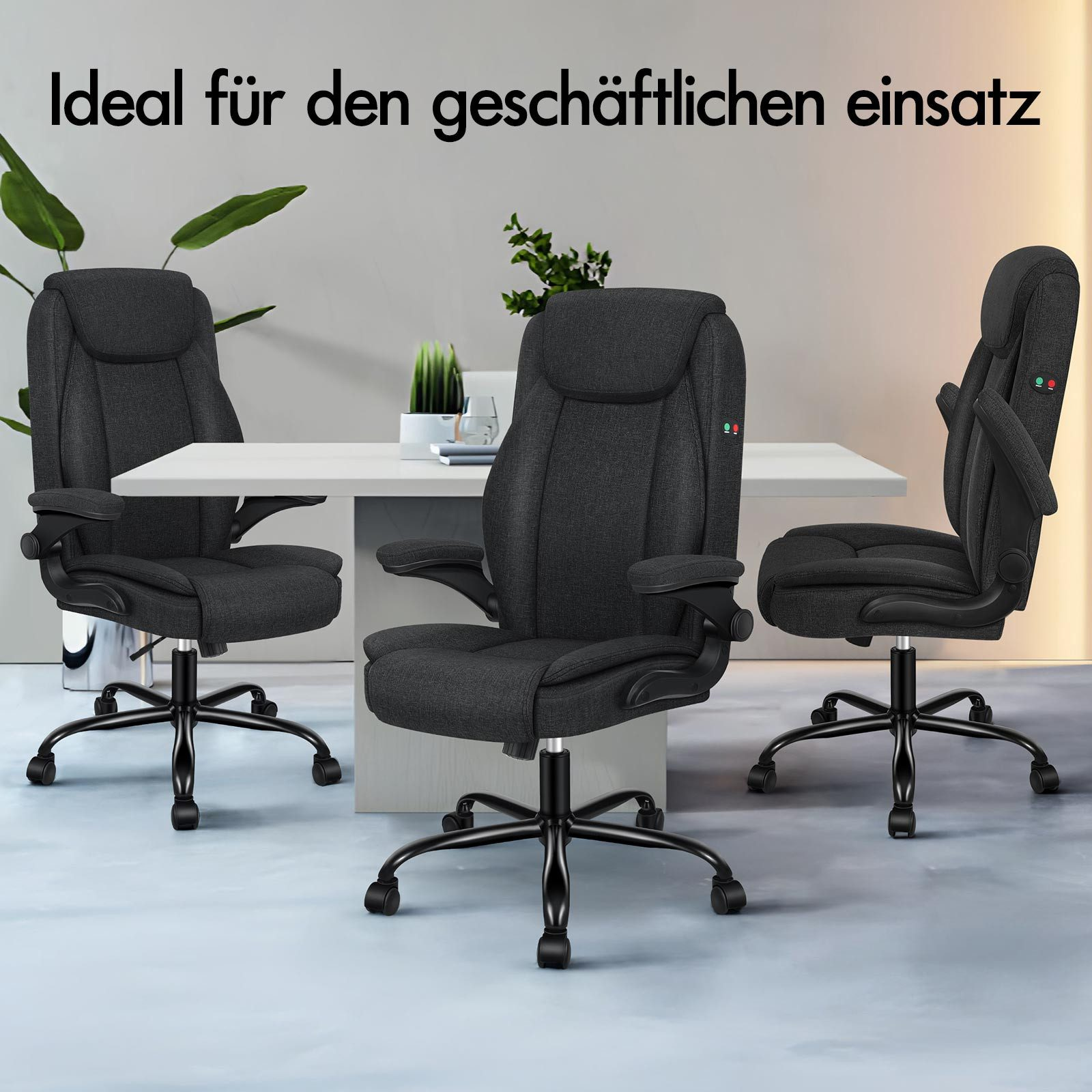 Drei dunkelgraue Bürostühle mit schwarzen Gestellen stehen in der Nähe eines weißen Tisches. Der Text "Ideal für den geschäftlichen Einsatz" erscheint.