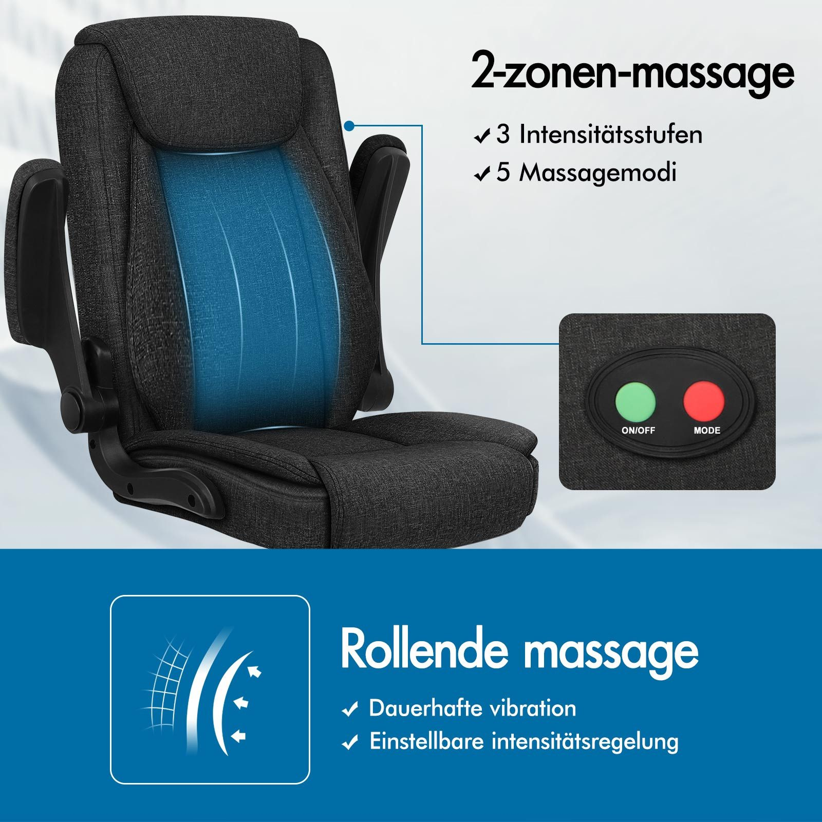 Ein Massagestuhl mit blauem Akzent, Knöpfen und Text auf Deutsch. Er hat 3 Intensitätsstufen und 5 Massagemodi.