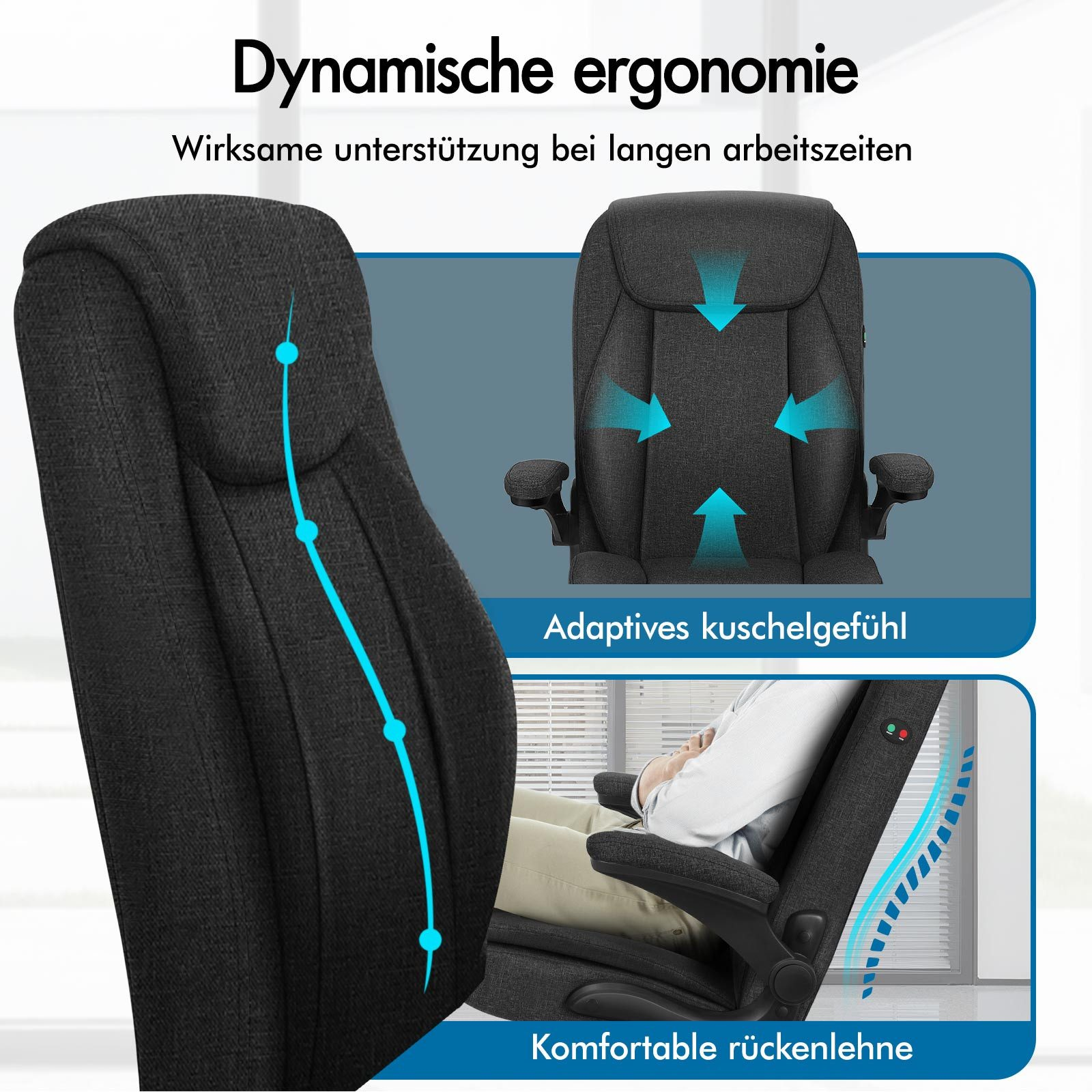 Das Bild zeigt einen ergonomischen Stuhl. Der Text enthält 'dynamische Ergonomie' und 'bequeme Rückenlehne'. Pfeile zeigen Unterstützungs- und Komfortfunktionen.