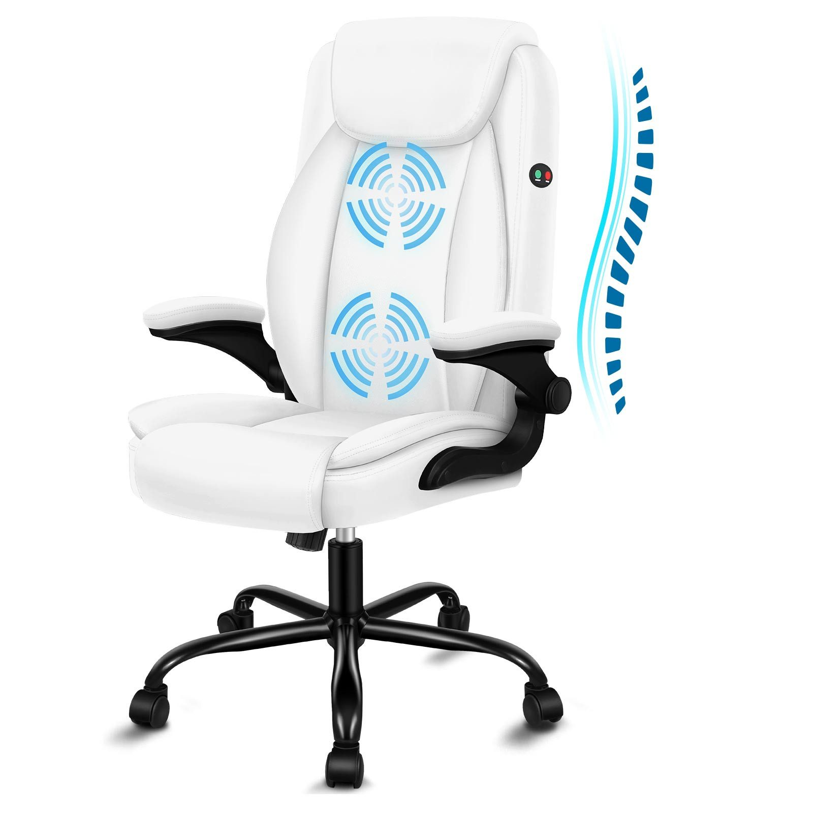 Weißer ergonomischer Bürostuhl mit schwarzem Gestell und Armlehnen, blauen Massagesymbolen und einer blauen Wirbelsäulengrafik.