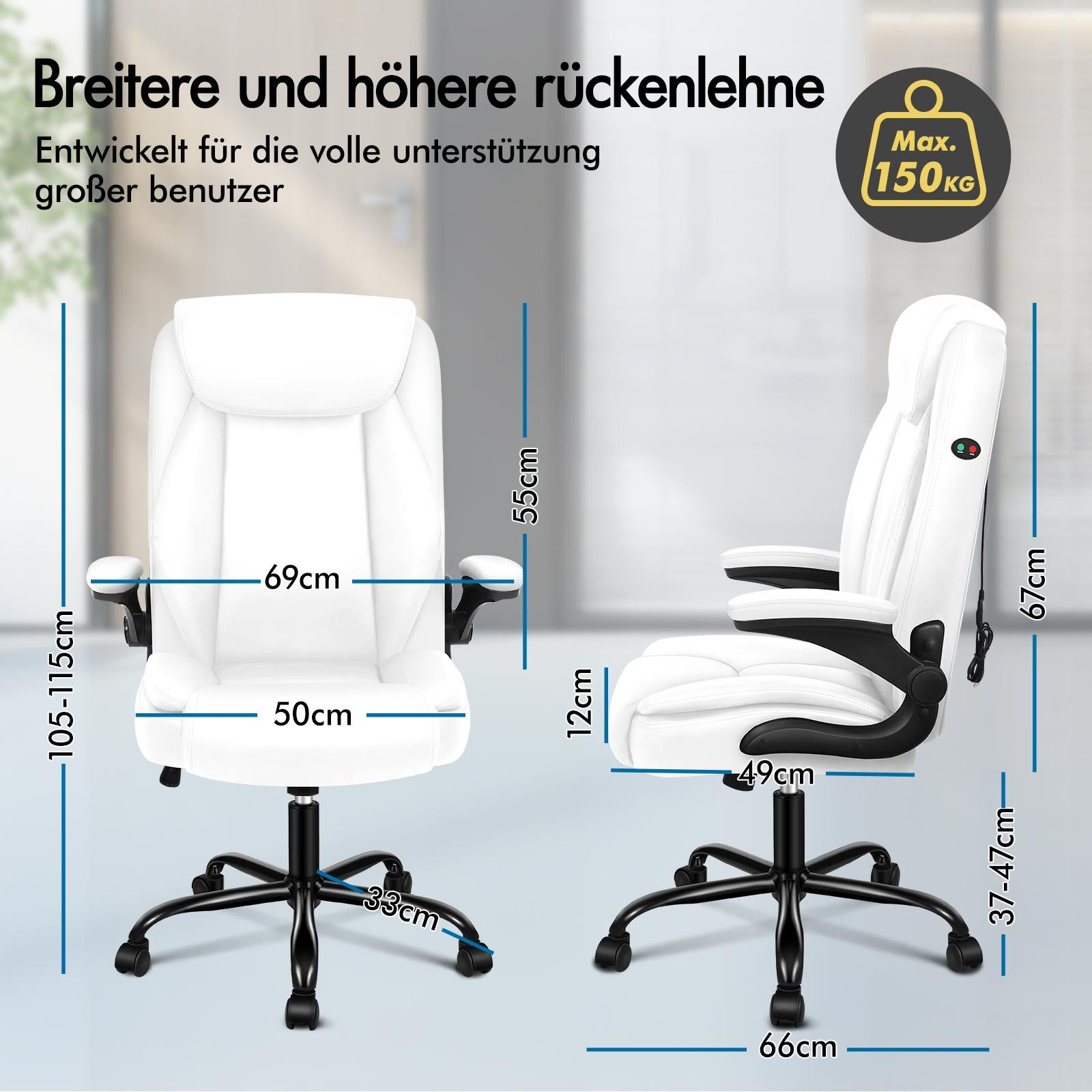 Weißer Bürostuhl mit schwarzem Gestell, Armlehnen. Abmessungen sind beschriftet. Max. Gewicht 150 kg.