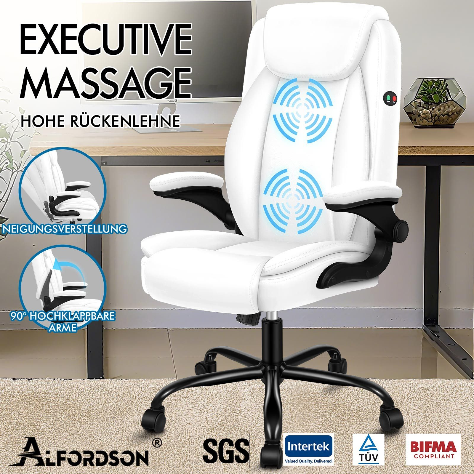 Weißer Massagestuhl mit schwarzem Gestell. Text lautet 'Executive Massage' und 'Alfordson'. Hat blaue Massage-Symbole.