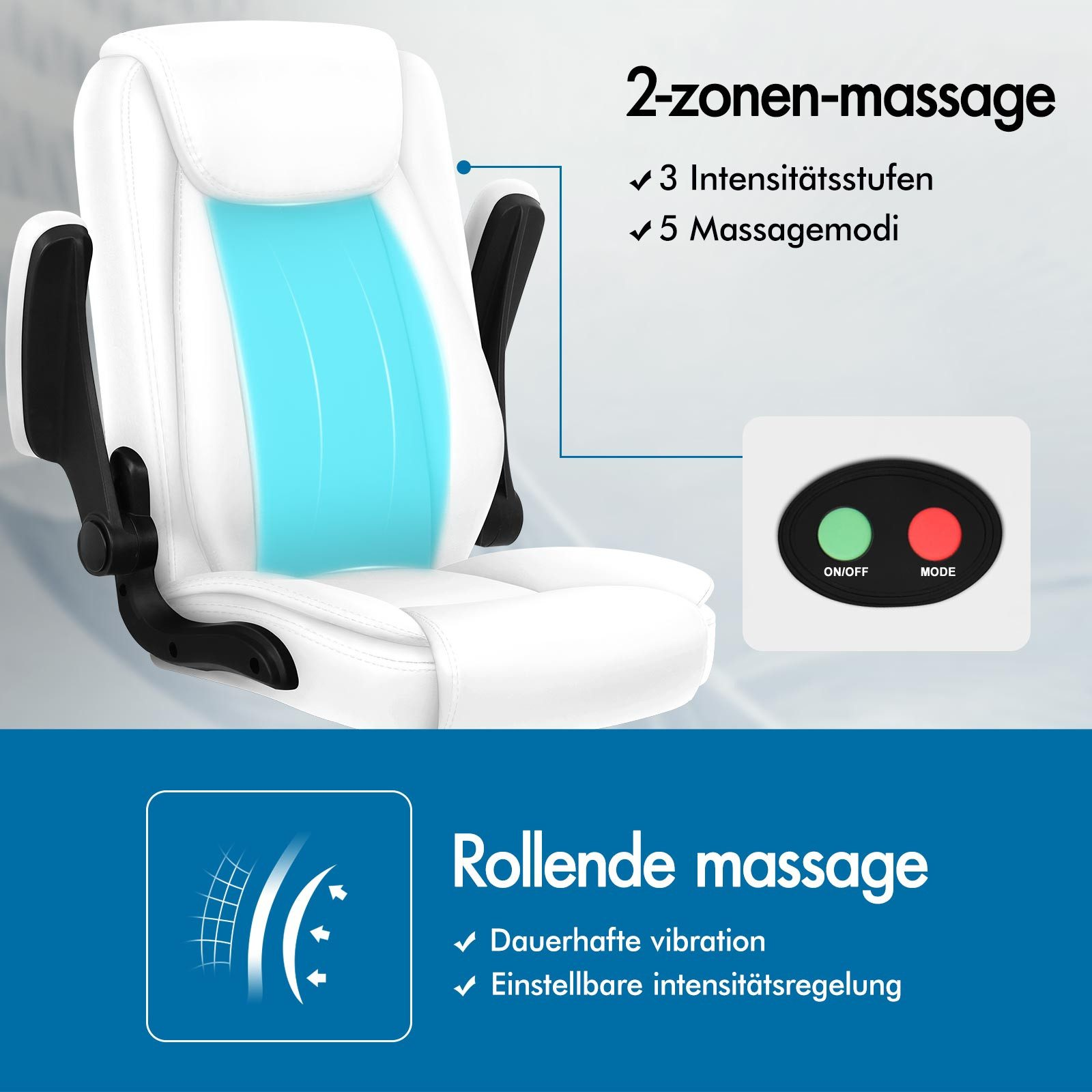 Ein weißer Massagesessel mit blauen Akzenten. Zu den Merkmalen gehören Massagemodi und Intensitätseinstellungen.