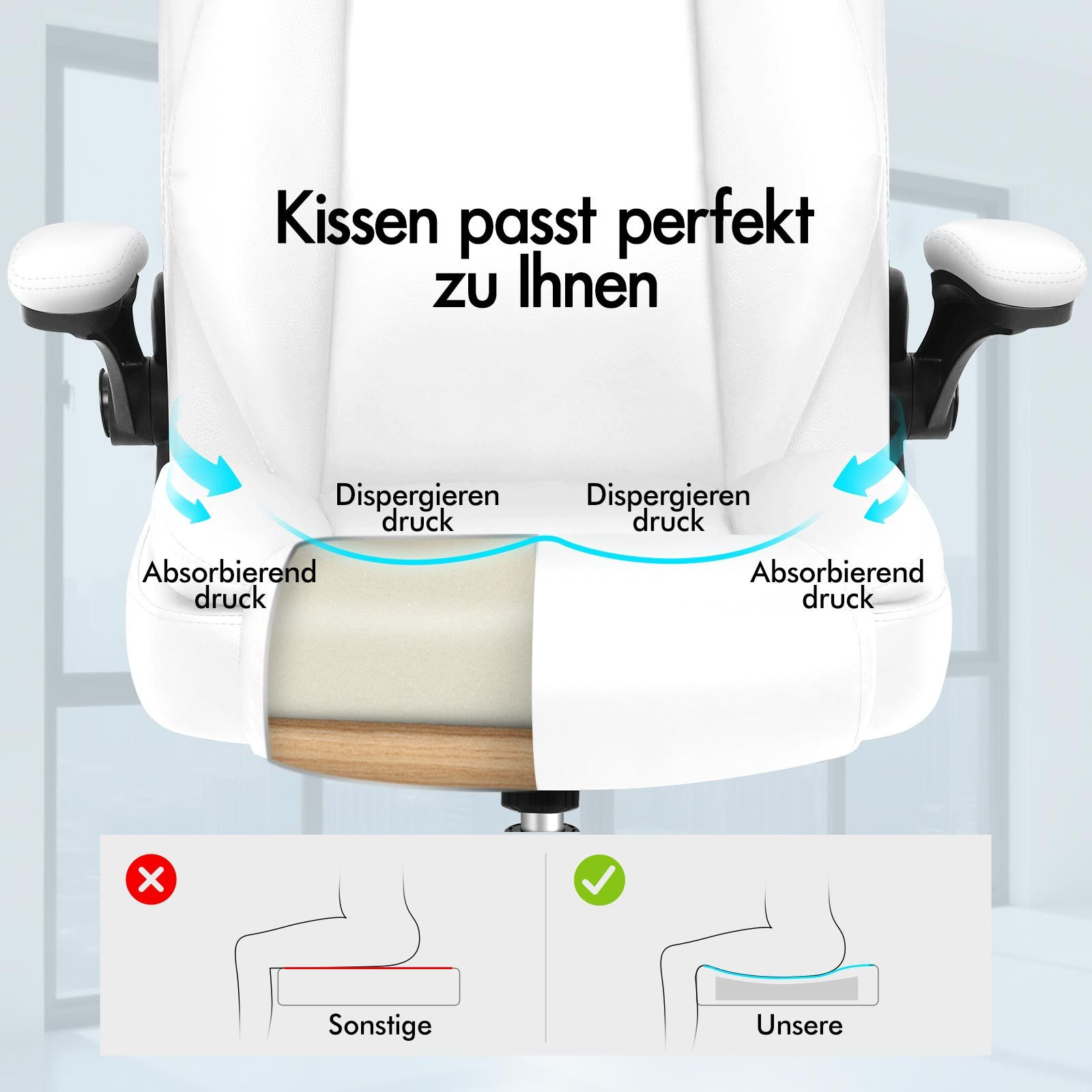 Weißer Bürostuhl mit Text: Kissen passt perfekt zu Ihnen. Vergleich normaler Sitz vs. Sitz mit Kissen.