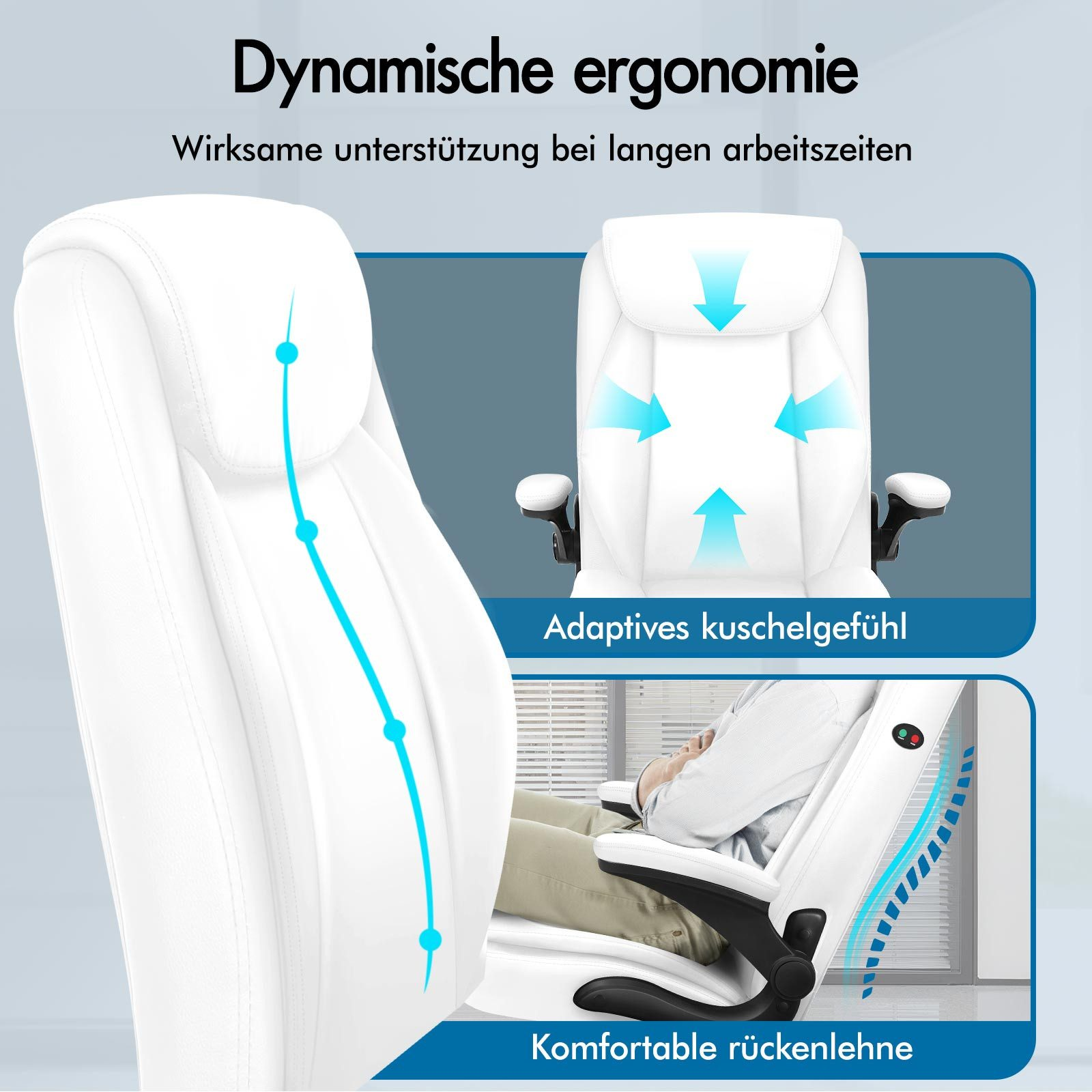 Weißer ergonomischer Bürostuhl mit blauen Pfeilen, Diagrammen und einer Person, die ihn benutzt. Text: Dynamische Ergonomie, Komfort.