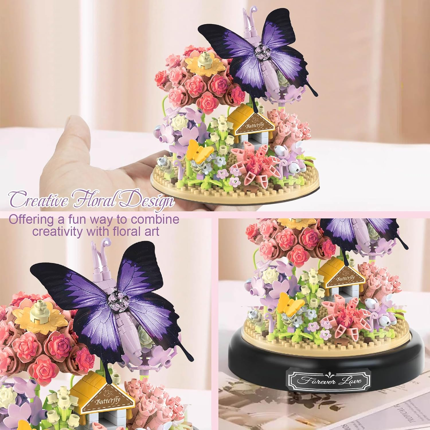 Ein dekoratives Blumenkunstwerk mit einem lila Schmetterling, Blumen und einem Miniaturhaus auf einer runden Basis.
