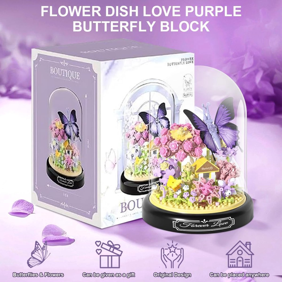 Ein dekoratives Stück mit Schmetterlingen, Blumen und einem kleinen Haus in einer Glaskuppel, mit Geschenkbox- und Haus-Symbol.