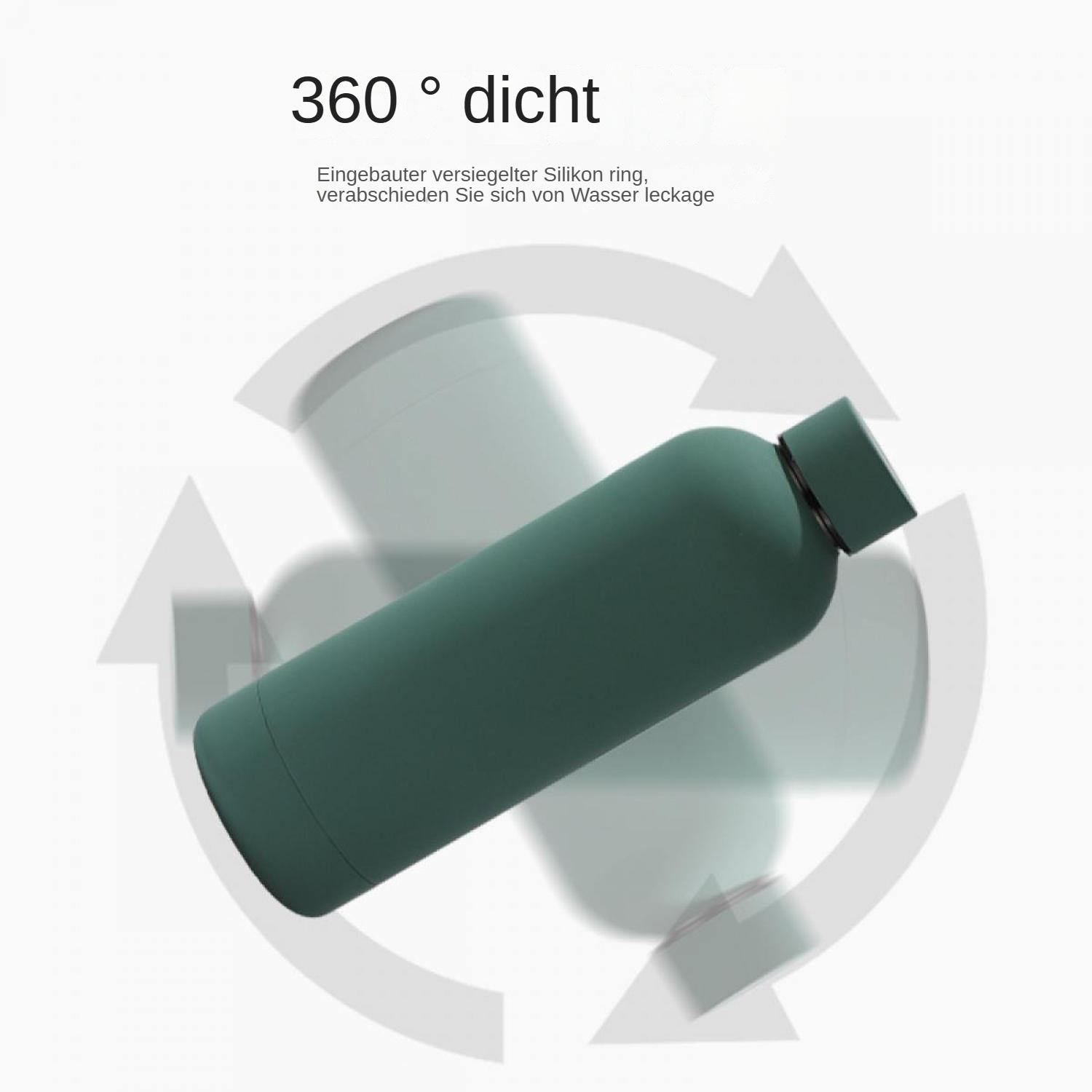 Eine grüne Wasserflasche mit dunklem Deckel auf weißem Hintergrund. Pfeile umkreisen die Flasche, Text: '360° dicht'.