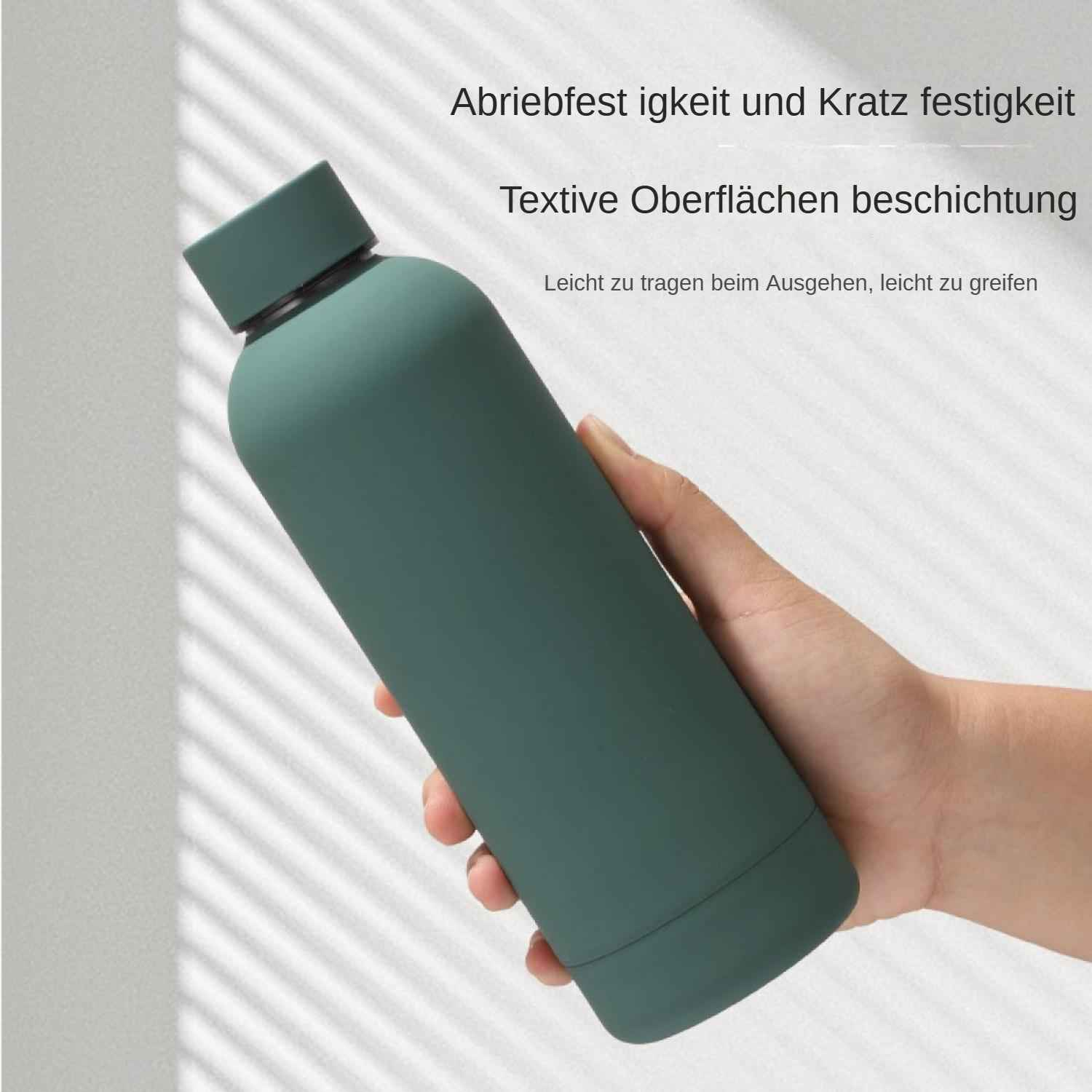 Eine Hand hält eine grüne Isolierwasserflasche. Der Hintergrund ist weiß mit Text über die Eigenschaften der Flasche.