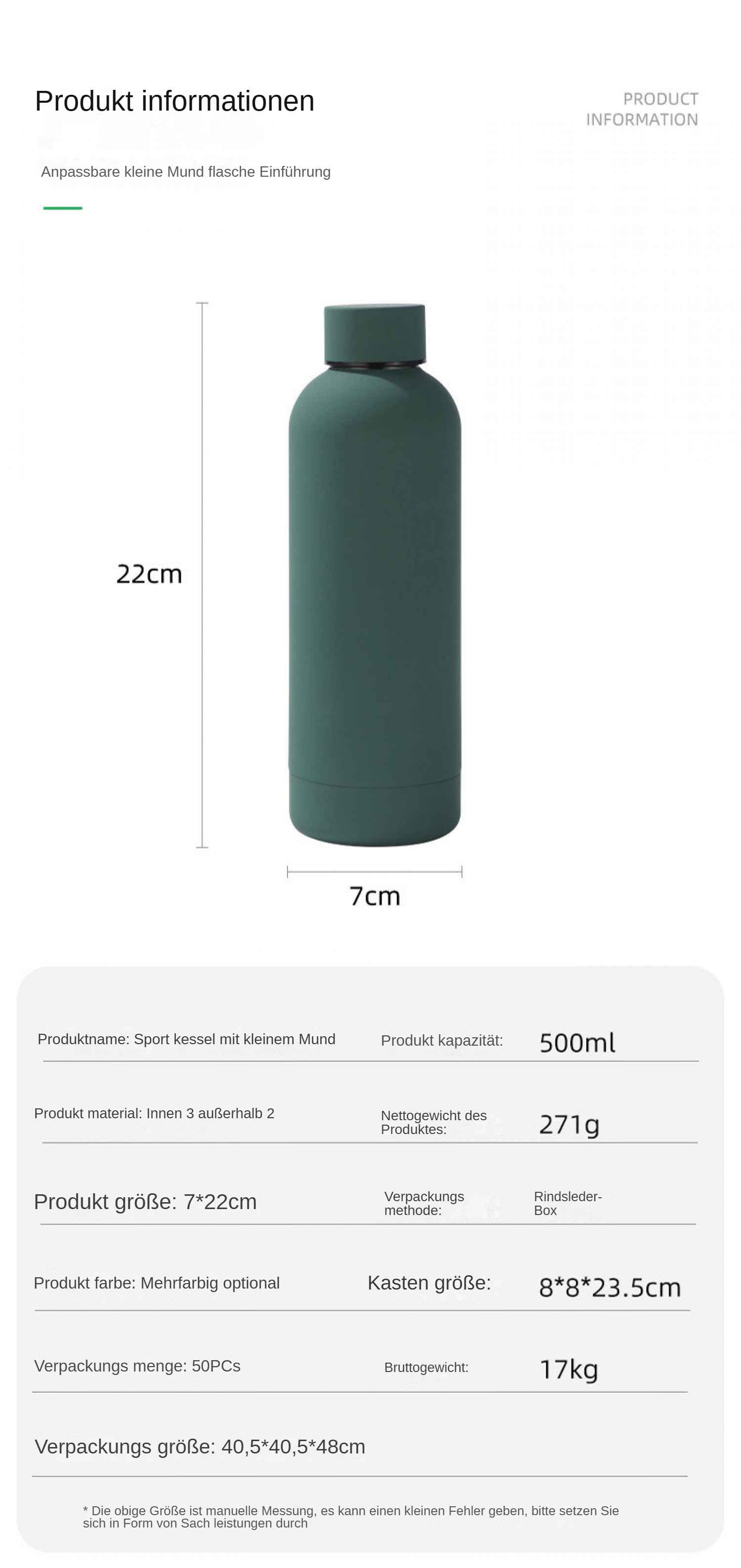 Eine grüne Wasserflasche mit dunkler Kappe. Produktinformationen umfassen Maße und Kapazitätsdetails.