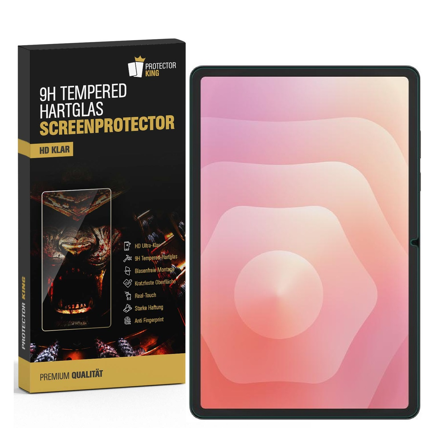 Eine Displayschutzfolienbox neben einem Tablet. Auf der Box steht '9H Tempered Hartglas Screenprotector'. Das Tablet zeigt ein rosa-weißes Muster.