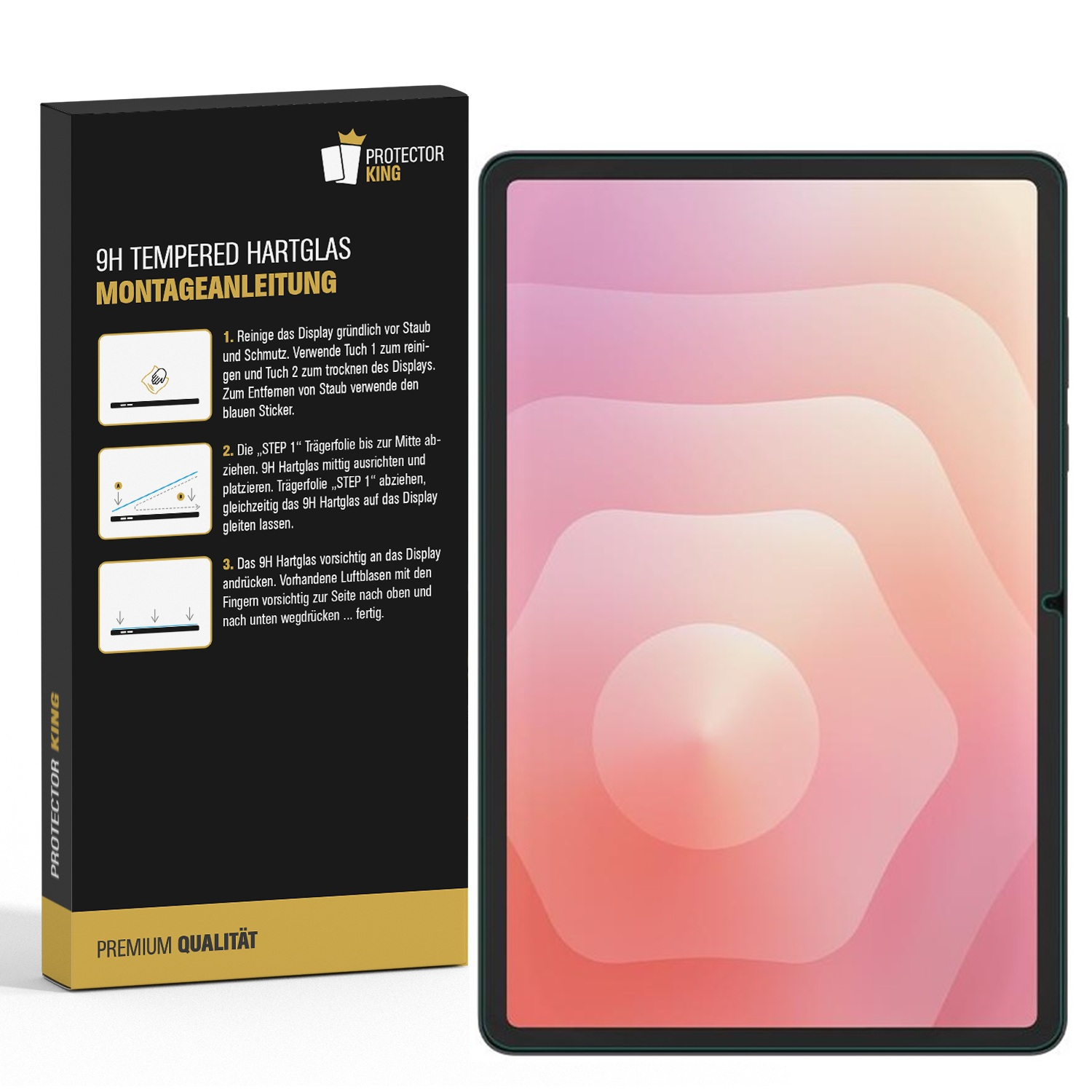 Ein Tablet mit rosa und weißem Bildschirm liegt neben einer Box mit Anweisungen zum Anbringen einer Hartglas-Displayschutzfolie.