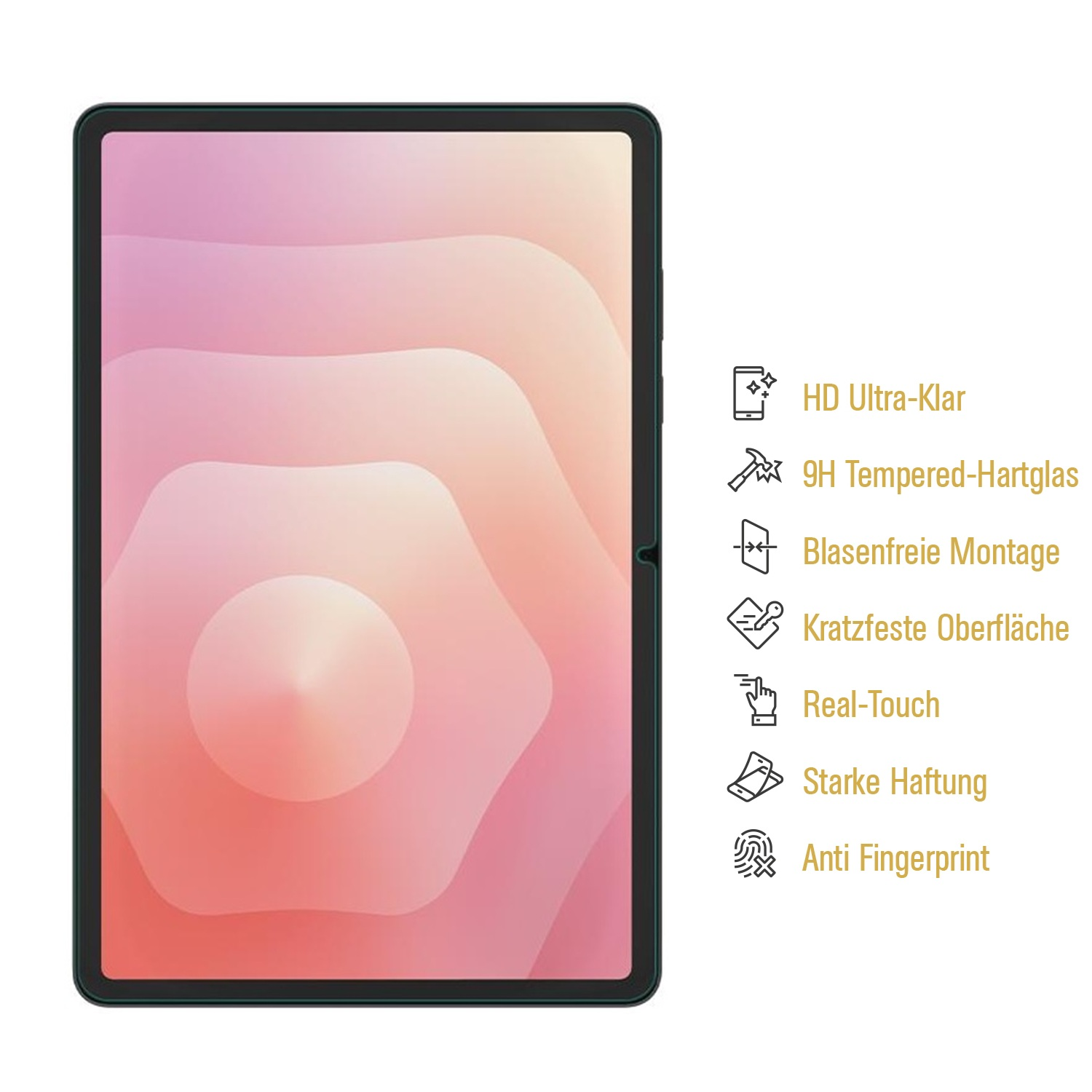 Ein Tabletschutz. Der Bildschirm zeigt einen Farbverlauf von Rosa und Weiß. Text rechts listet Funktionen wie HD-Klarheit auf.