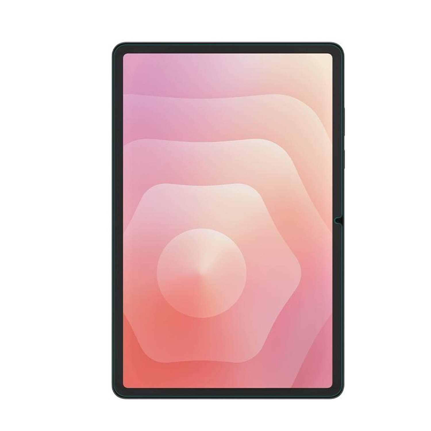 Ein Tablet mit grünem Rahmen und einem rosa, abstrakt gemusterten Bildschirm. Ein weißer Hintergrund umgibt das Tablet.
