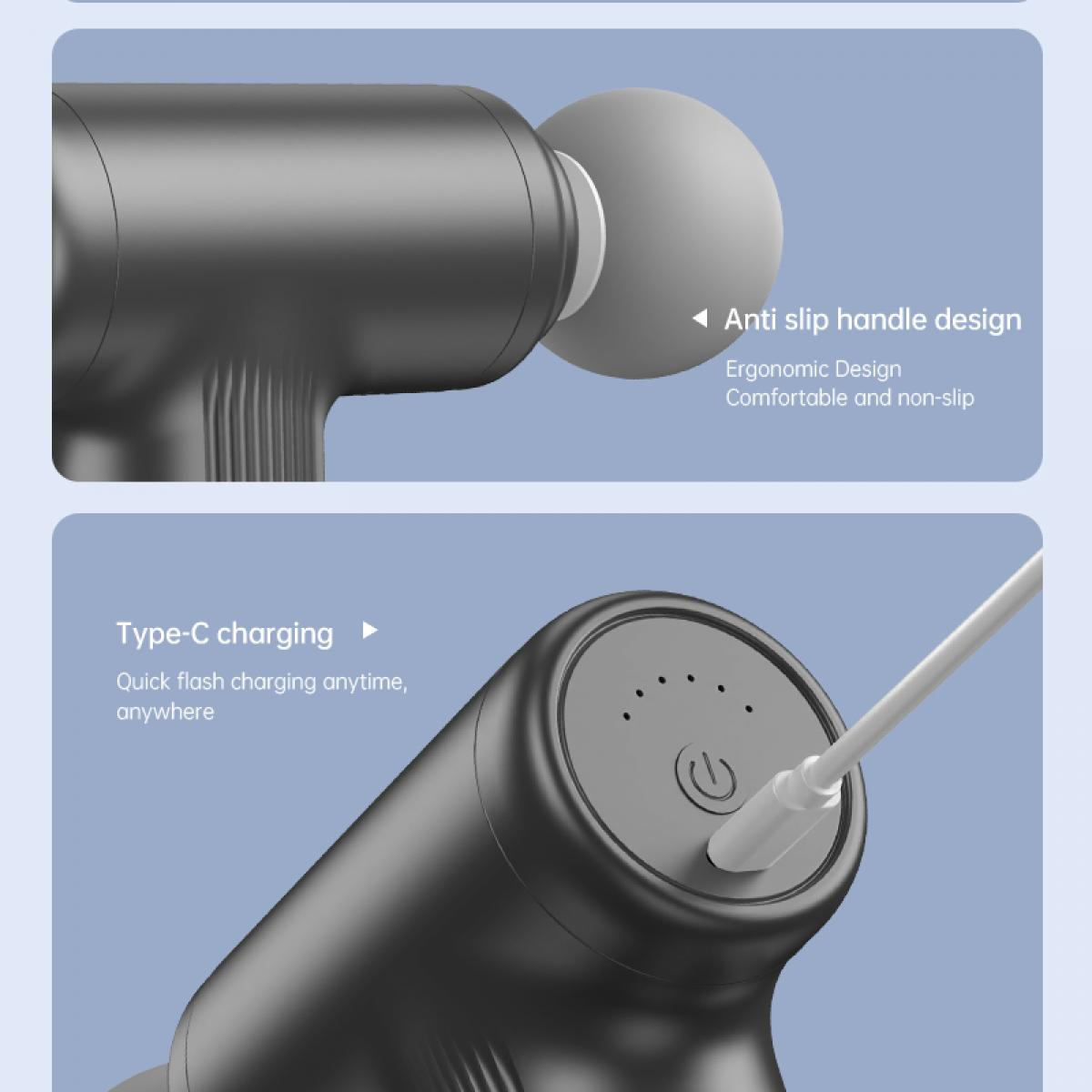 Eine schwarze Massagepistole mit einem weißen Ladekabel. Text zeigt Anti-Rutsch-Griffdesign und Typ-C-Ladefähigkeiten.