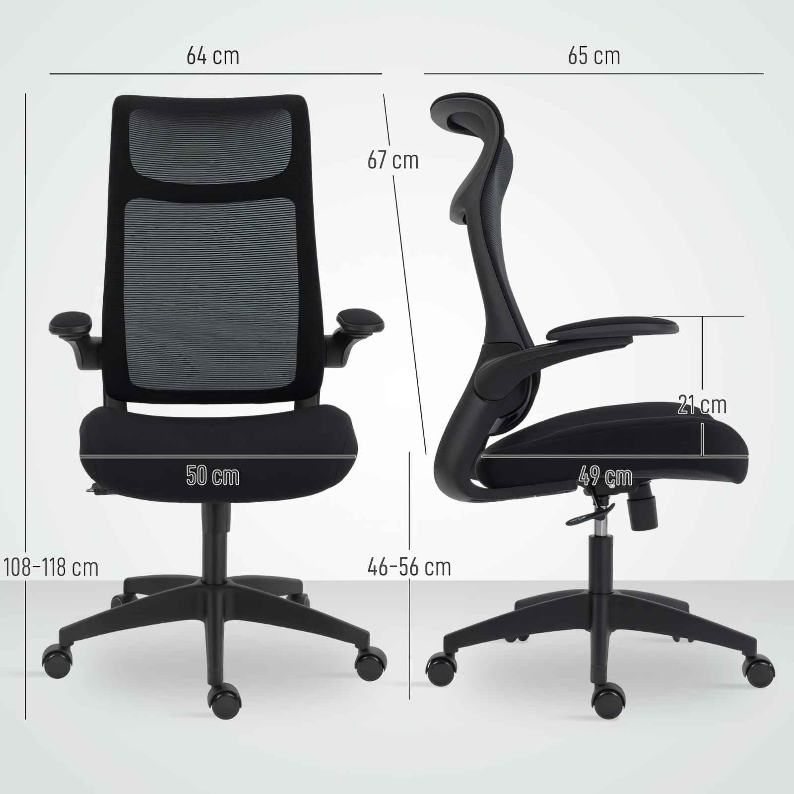 Schwarzer Bürostuhl mit Maßangaben. Vorder- und Seitenansicht zeigen Sitz, Rücken, Armlehnen und Basis mit Rollen.
