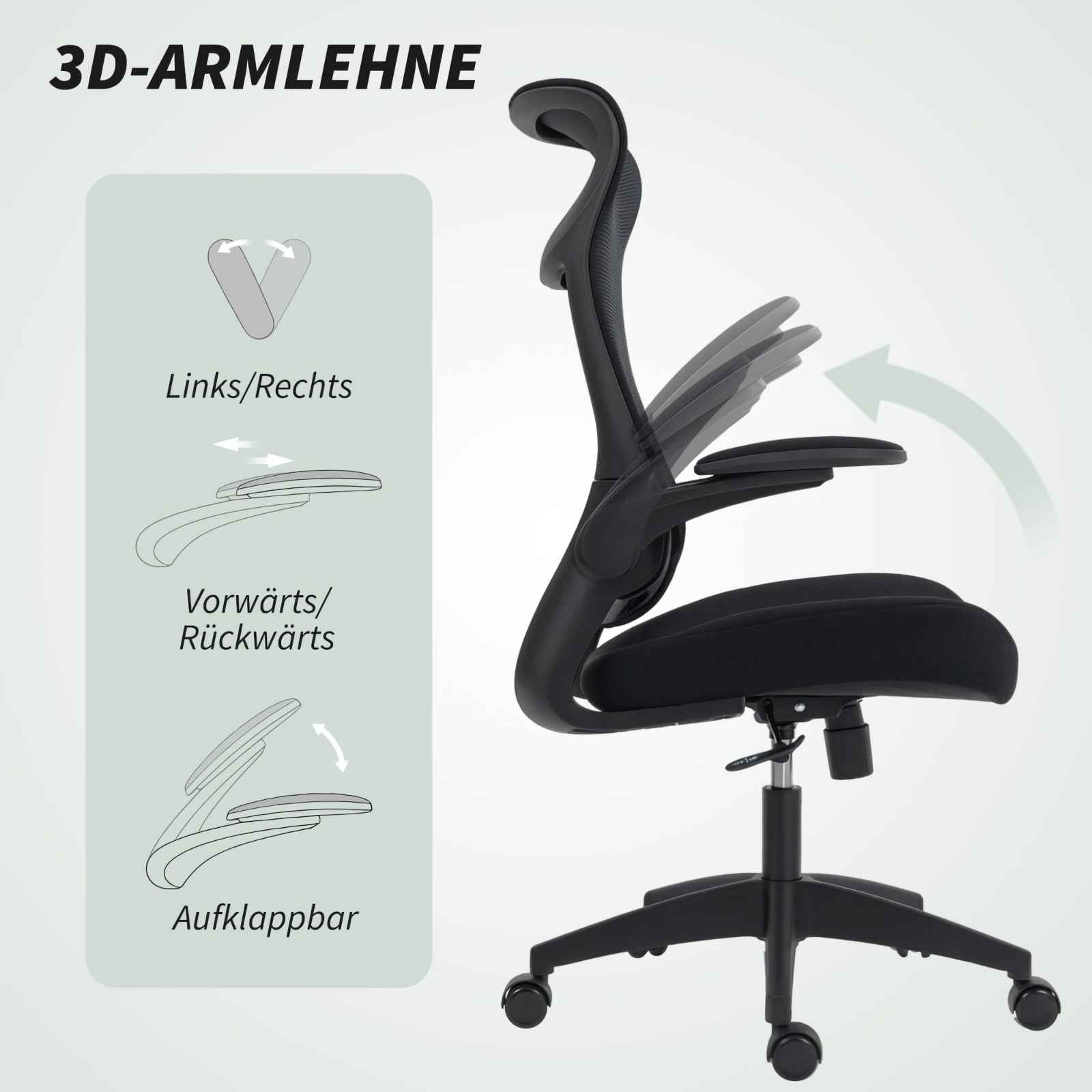 Schwarzer ergonomischer Bürostuhl mit verstellbaren Armlehnen. Zeigt Einstelloptionen: links/rechts, vorwärts/rückwärts und klappbar.