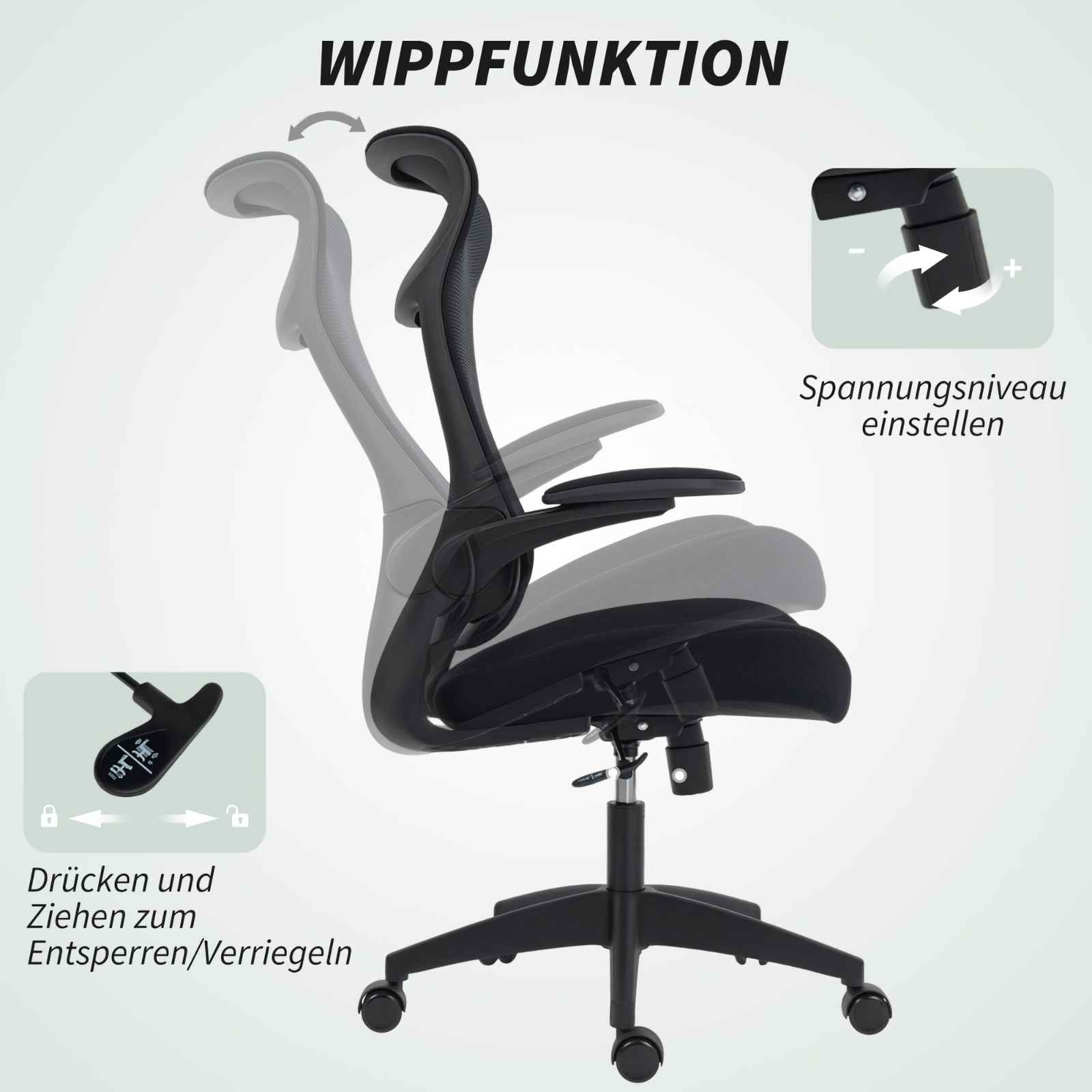Diagramm eines Bürostuhls mit Einstellfunktionen. Enthält deutsche Textbezeichnungen zur Funktionserklärung.