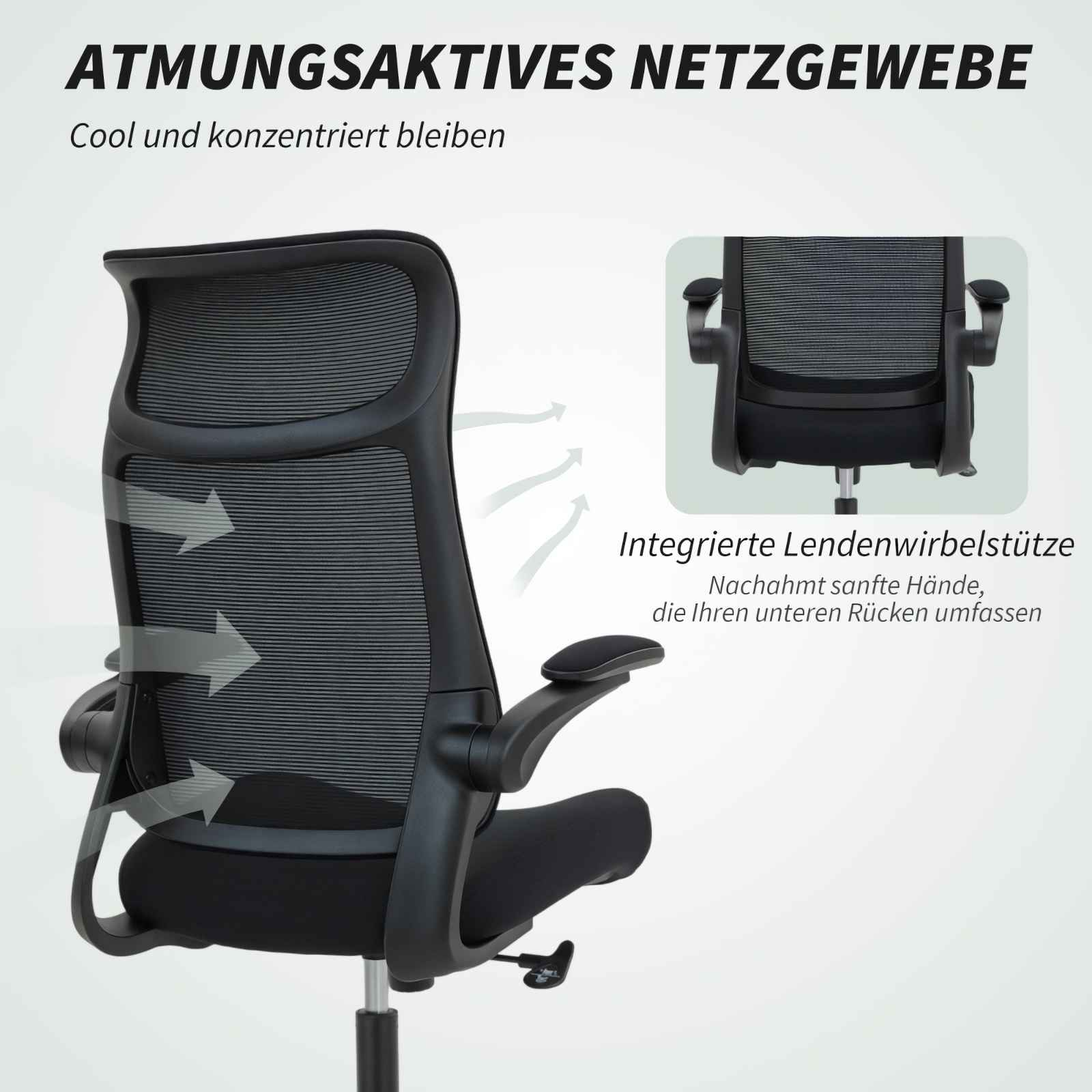 Schwarzer Bürostuhl mit atmungsaktivem Netzrücken. Mit integrierter Lendenwirbelstütze und verstellbaren Armlehnen. Pfeile zeigen Luftstrom.