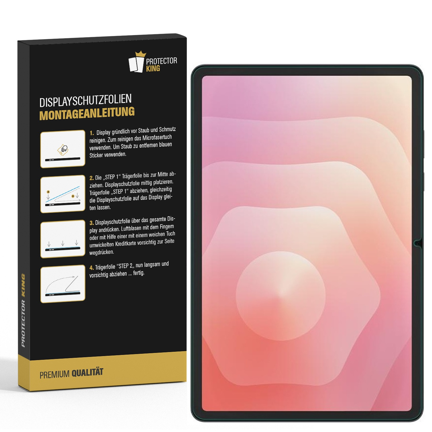Ein Tablet mit einer Displayschutzfolien-Montageanleitung. Die Anleitung zeigt, wie man reinigt und die Folie anbringt.
