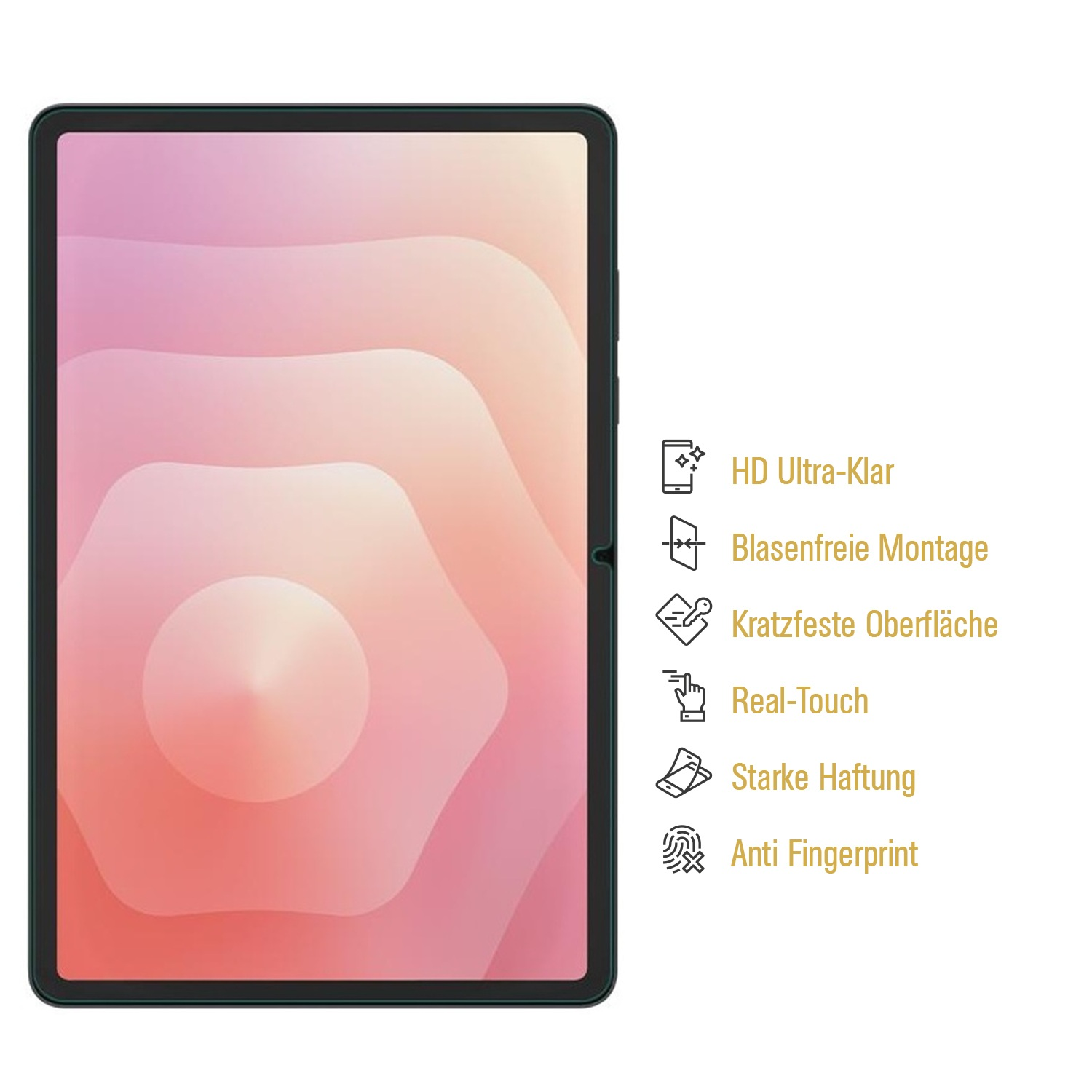 Ein Bildschirmschutz für Tablets mit rosa und weißem Design. Text auf der rechten Seite zeigt Merkmale wie HD-Klarheit und Kratzfestigkeit.