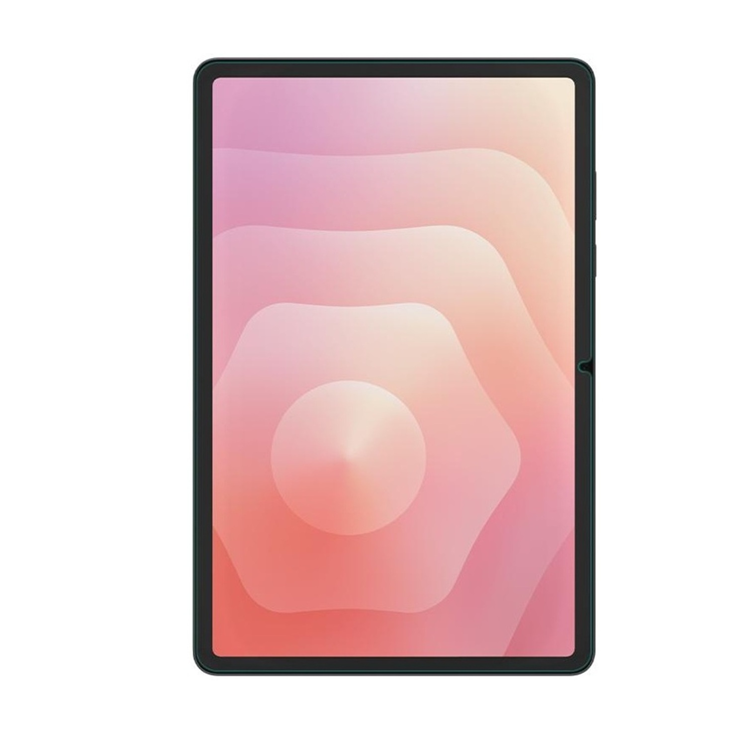Ein Tablet mit einem rosa-weißen Farbverlauf auf dem Bildschirm. Das Tablet hat einen schwarzen Rahmen und einen weißen Hintergrund.