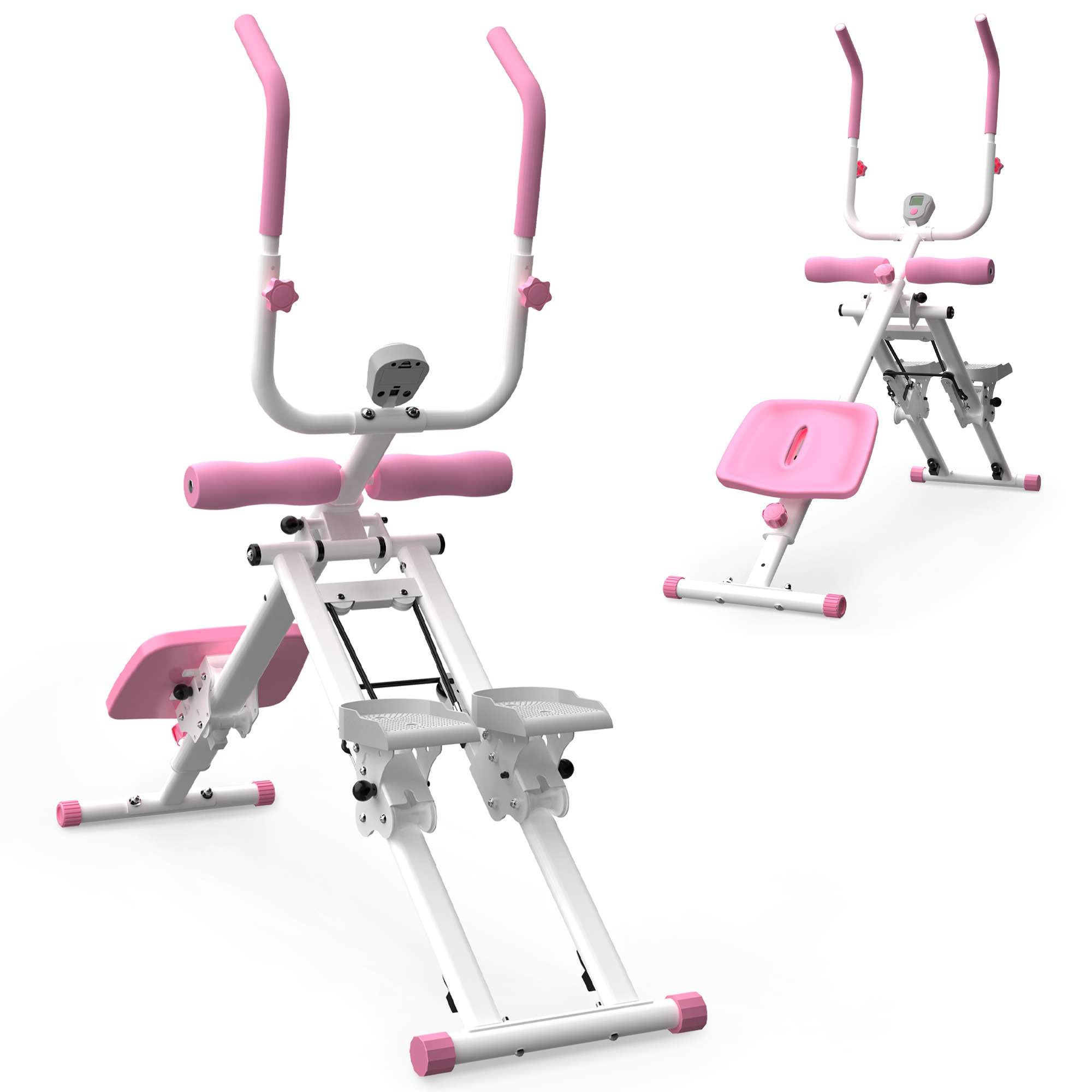 Eine weiß-rosa Trainingsmaschine mit Griffen, Polstern und Fußstützen. Sie hat eine digitale Anzeige und steht vor weißem Hintergrund.