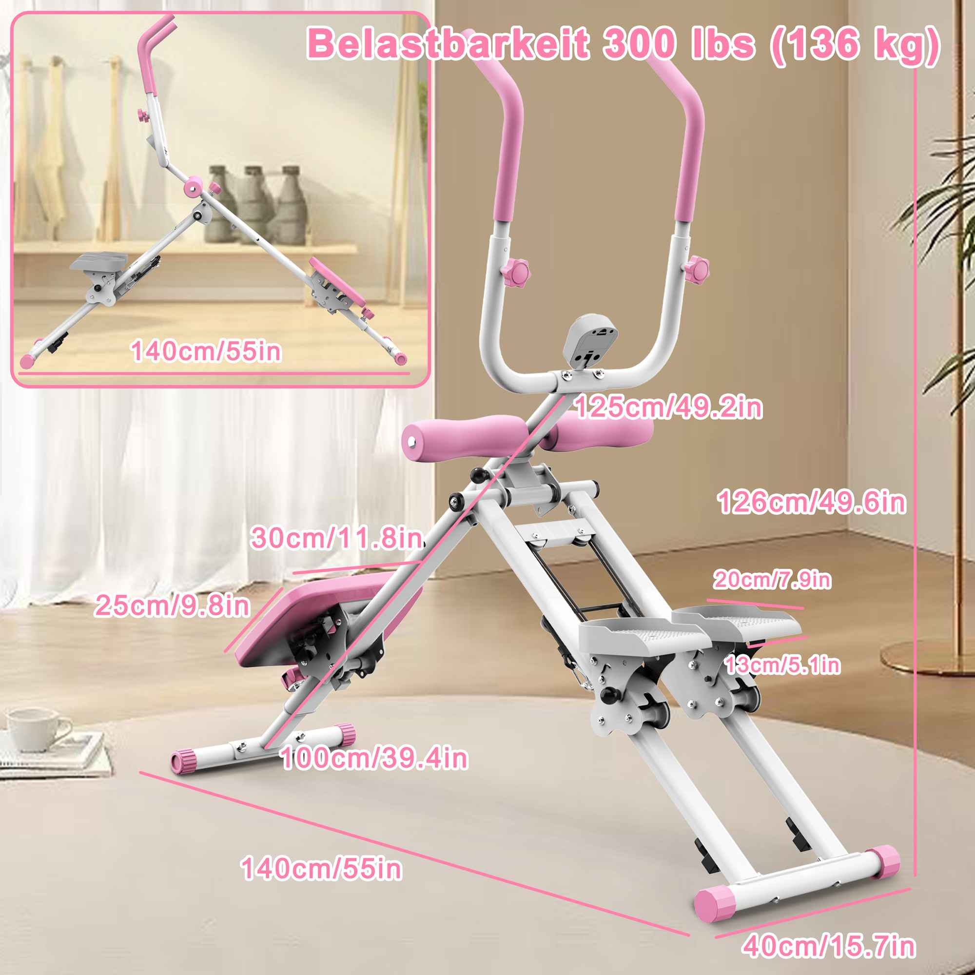 Eine weiß-rosa Trainingsmaschine. Merkmale sind Sitz, Griffe und Fußstützen. Maße werden angezeigt.