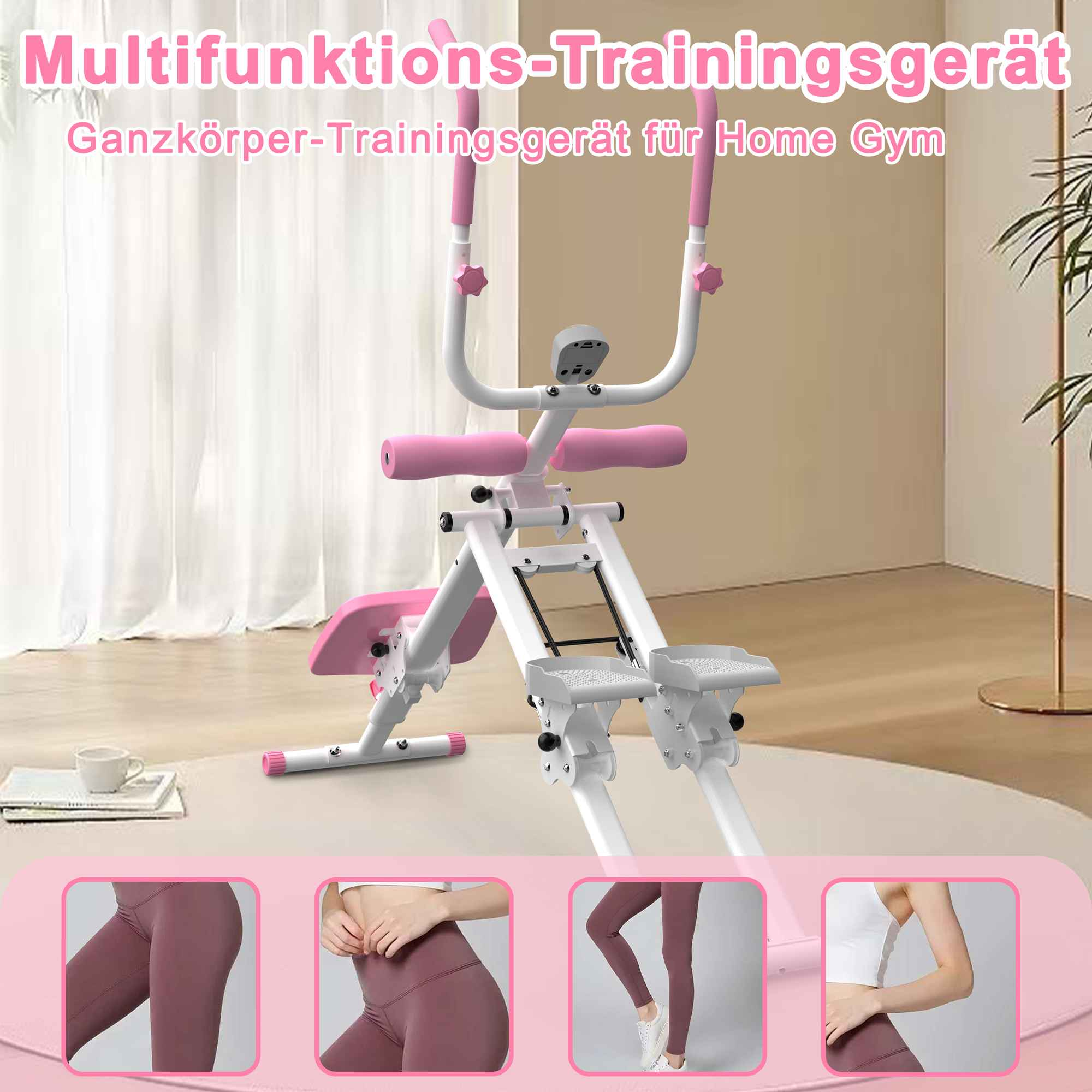 Eine weiße und rosa Heim-Fitnessmaschine. Text auf Deutsch ist sichtbar. Vier eingebettete Bilder von Personen, die Trainingskleidung tragen, befinden sich unten.