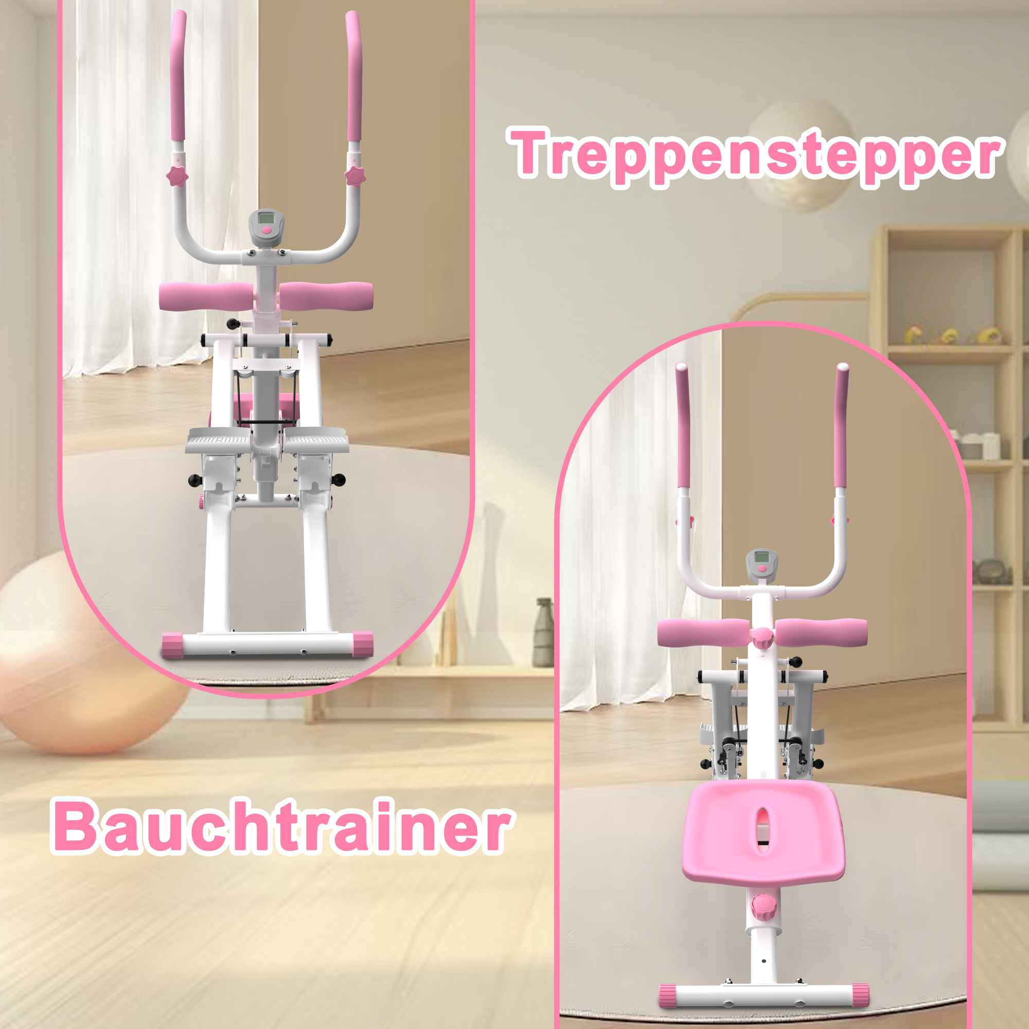 Eine weiße und rosa Trainingsmaschine. Sie hat Griffe, einen Sitz und Fußstützen. Sie steht in einem Raum mit einem Yogaball.