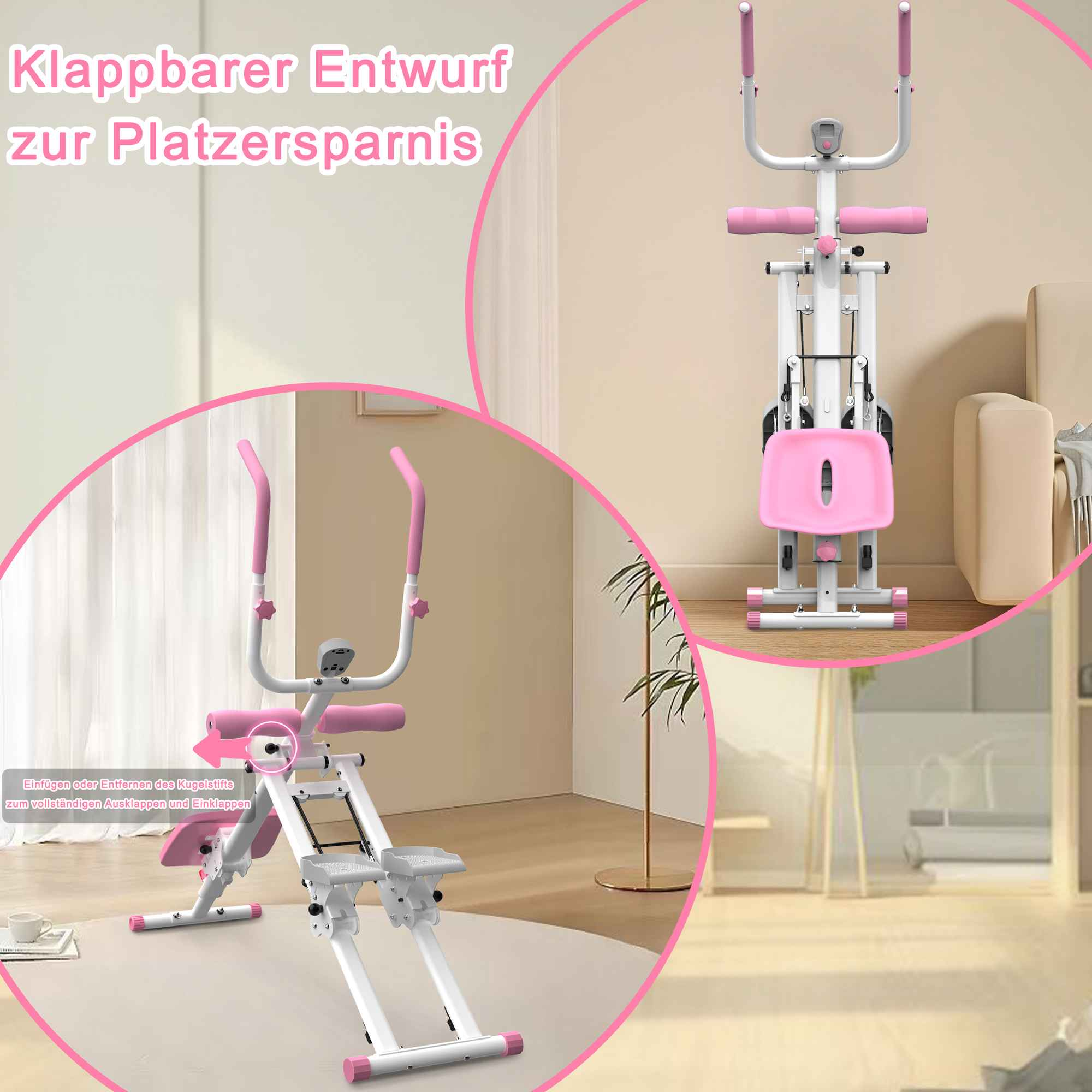 Gezeigt wird ein rosa-weißes Trainingsgerät mit rosa Sitz, Griffen und Akzenten. Es befindet sich in einem Raum mit beigem Sofa.