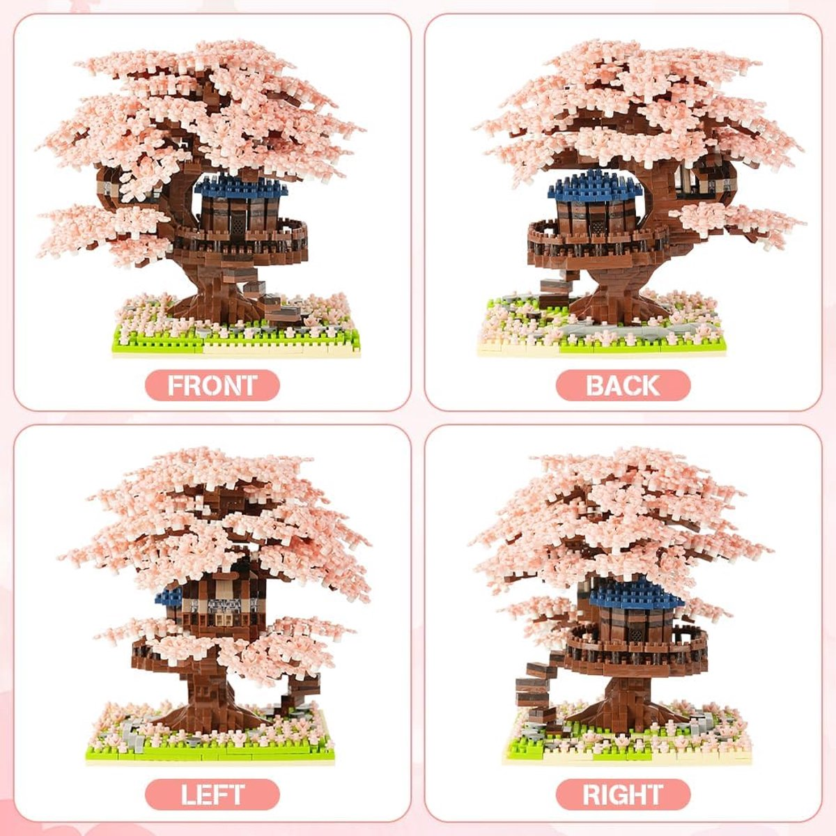 Ein Baumhausmodell aus Blöcken. Es hat rosa Blüten und ein blaues Dach. Das Modell wird von vier Seiten gezeigt: vorne, hinten, links und rechts.