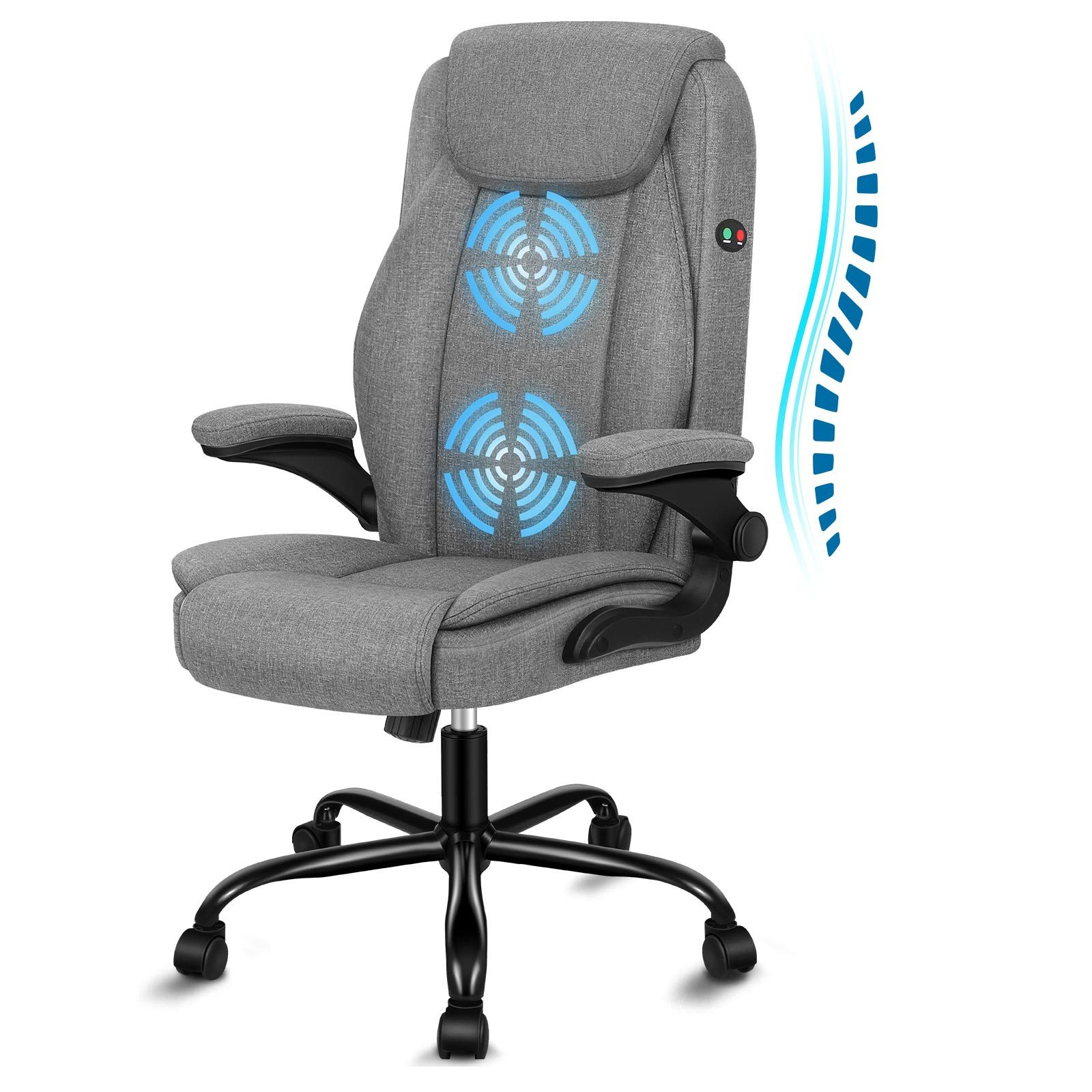Grauer Bürostuhl mit Massagefunktion. Blaue Linien kennzeichnen Massagepunkte. Schwarzes Gestell und Armlehnen. Weißer Hintergrund.
