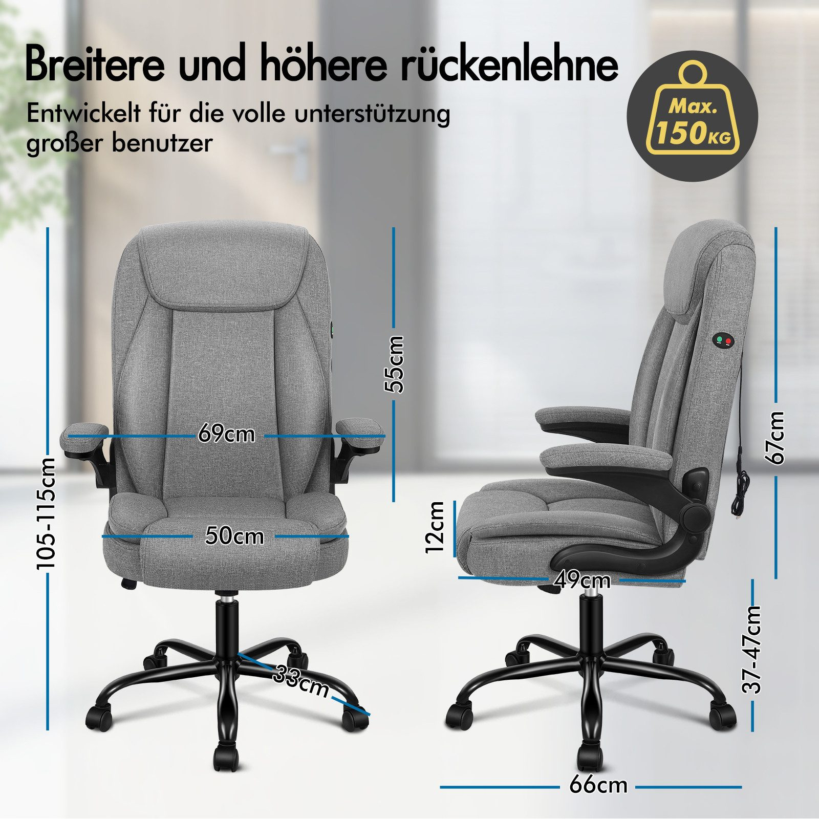 Ein grauer Bürostuhl mit Größenangaben. Der Text auf Deutsch besagt, dass er breiter und höher ist und große Benutzer unterstützt.
