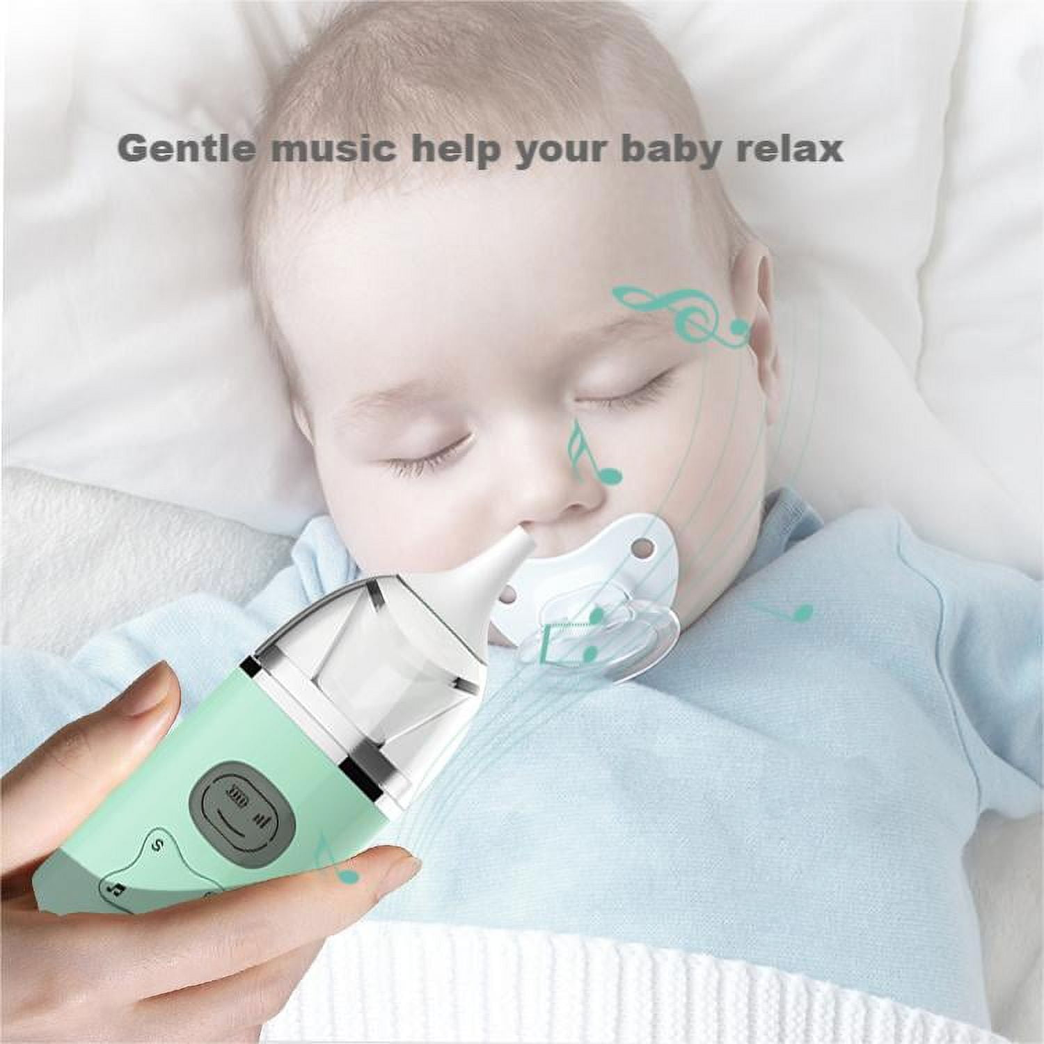 Ein Baby schläft mit Schnuller. Eine Person hält ein grünes Gerät in der Nähe der Babynase. Noten sind auf dem Bild gezeichnet.