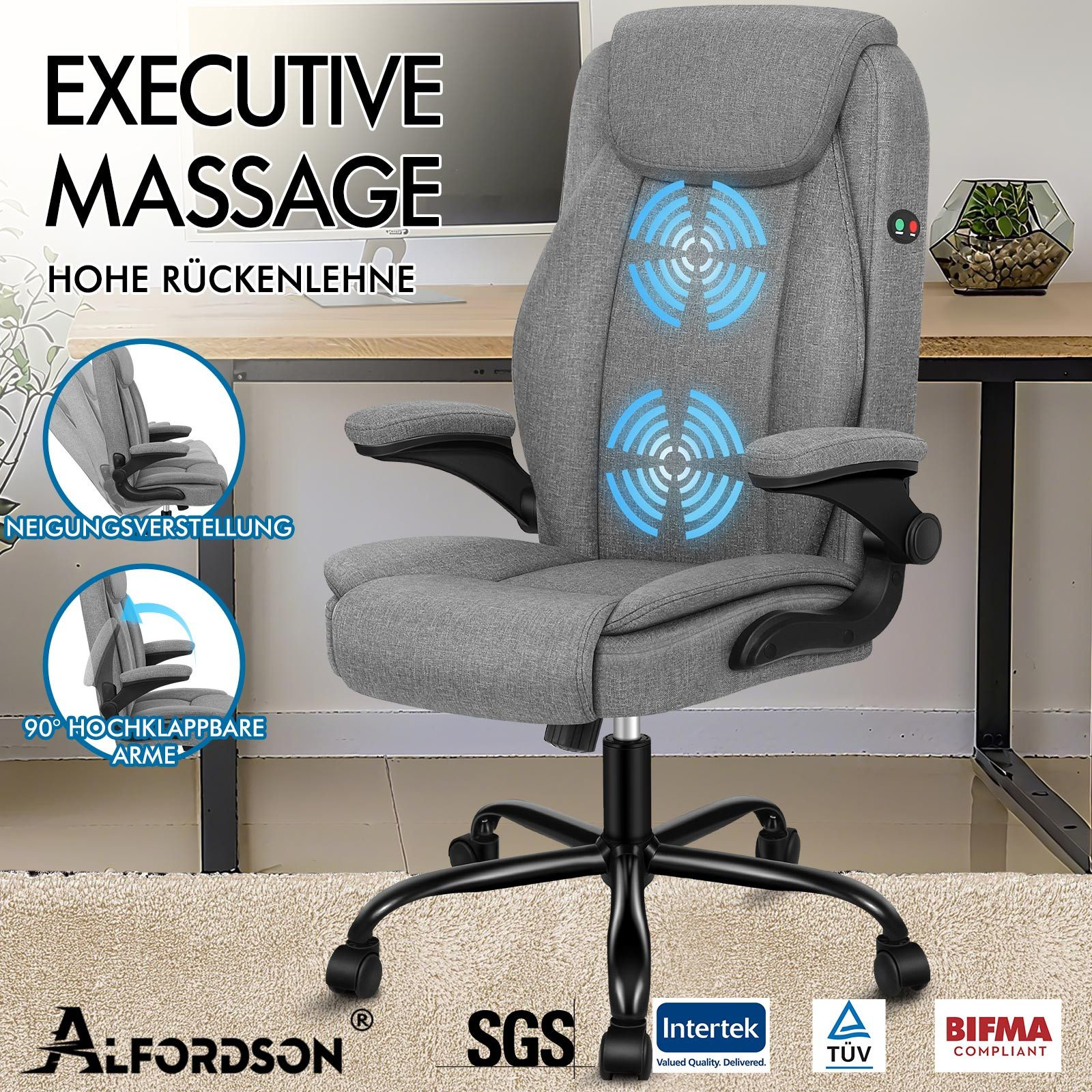 Grauer Massagesessel mit hoher Rückenlehne, verstellbaren Armlehnen und Massagesymbolen. Logos und Text sichtbar.
