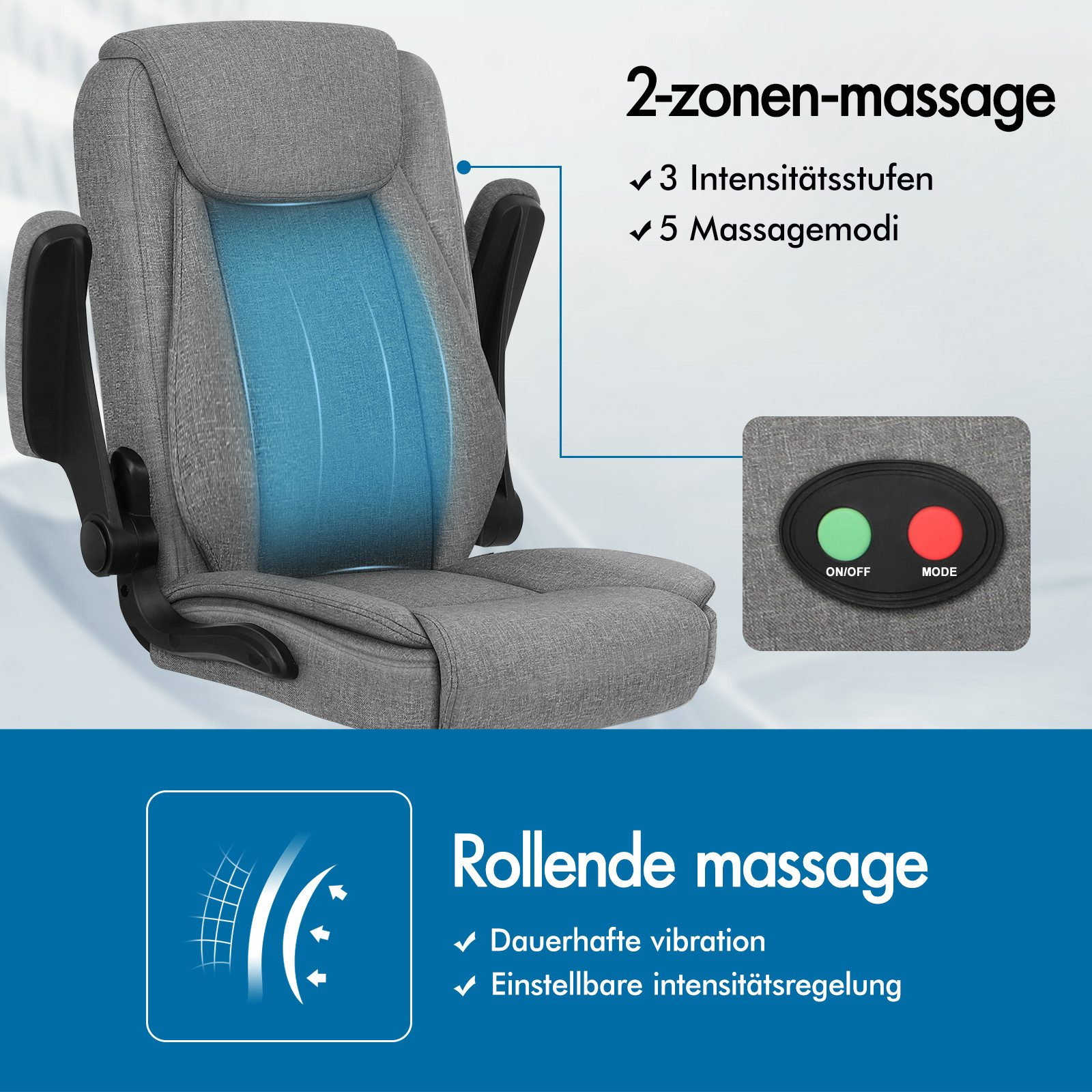 Grauer Massagestuhl mit blau hervorgehobenen Bereichen. Merkmale: 3 Intensitäten, 5 Modi. Bedienfeld mit Ein/Aus- und Modus-Tasten.
