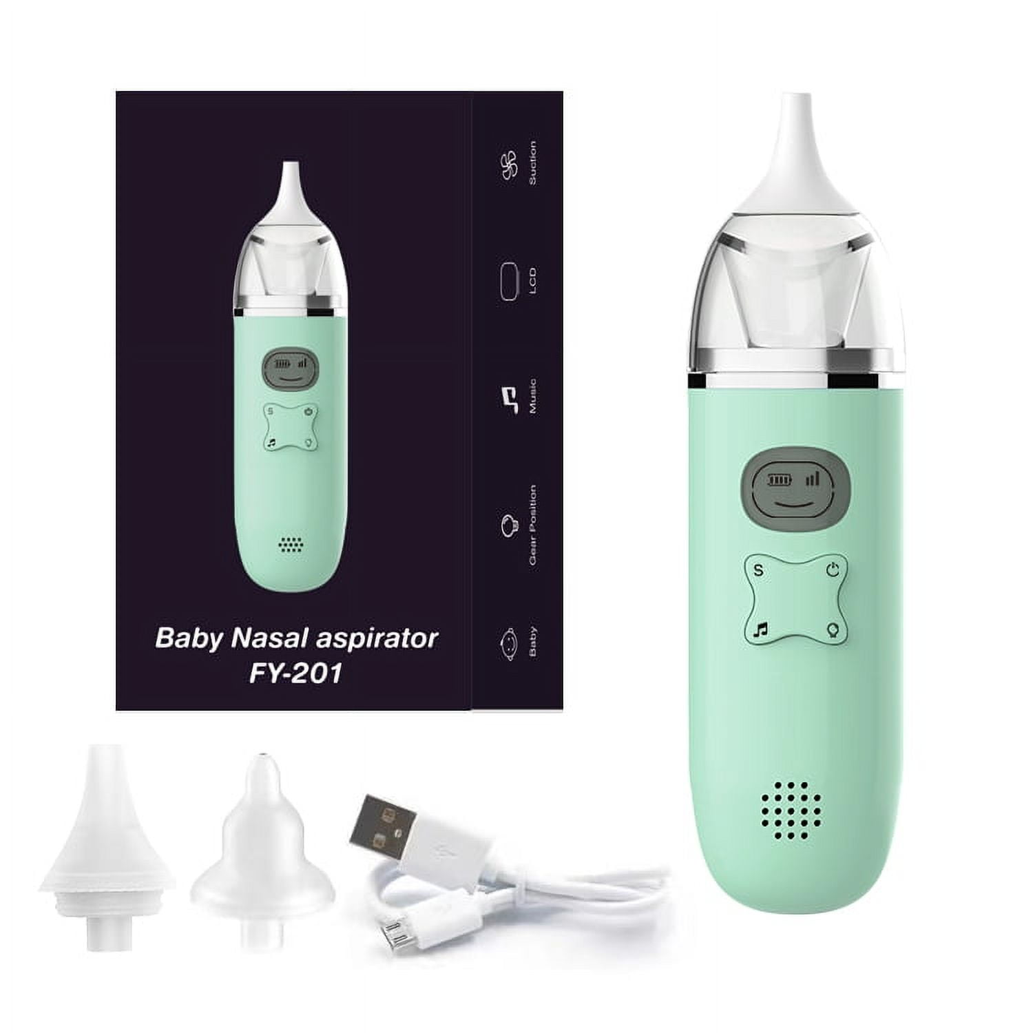 Ein mintgrüner Baby-Nasensauger mit weißer Düse und Zubehör. Text: Baby Nasal aspirator FY-201. Symbole für Absaugen, LCD, Musik, Gangposition.