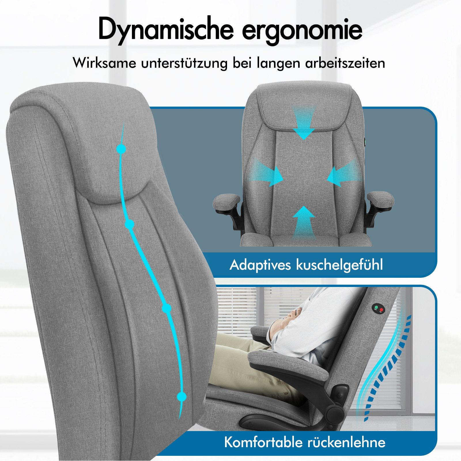 Das Bild zeigt einen grauen Bürostuhl. Text weist auf dynamische Ergonomie hin. Zusätzliche Bilder veranschaulichen Merkmale.