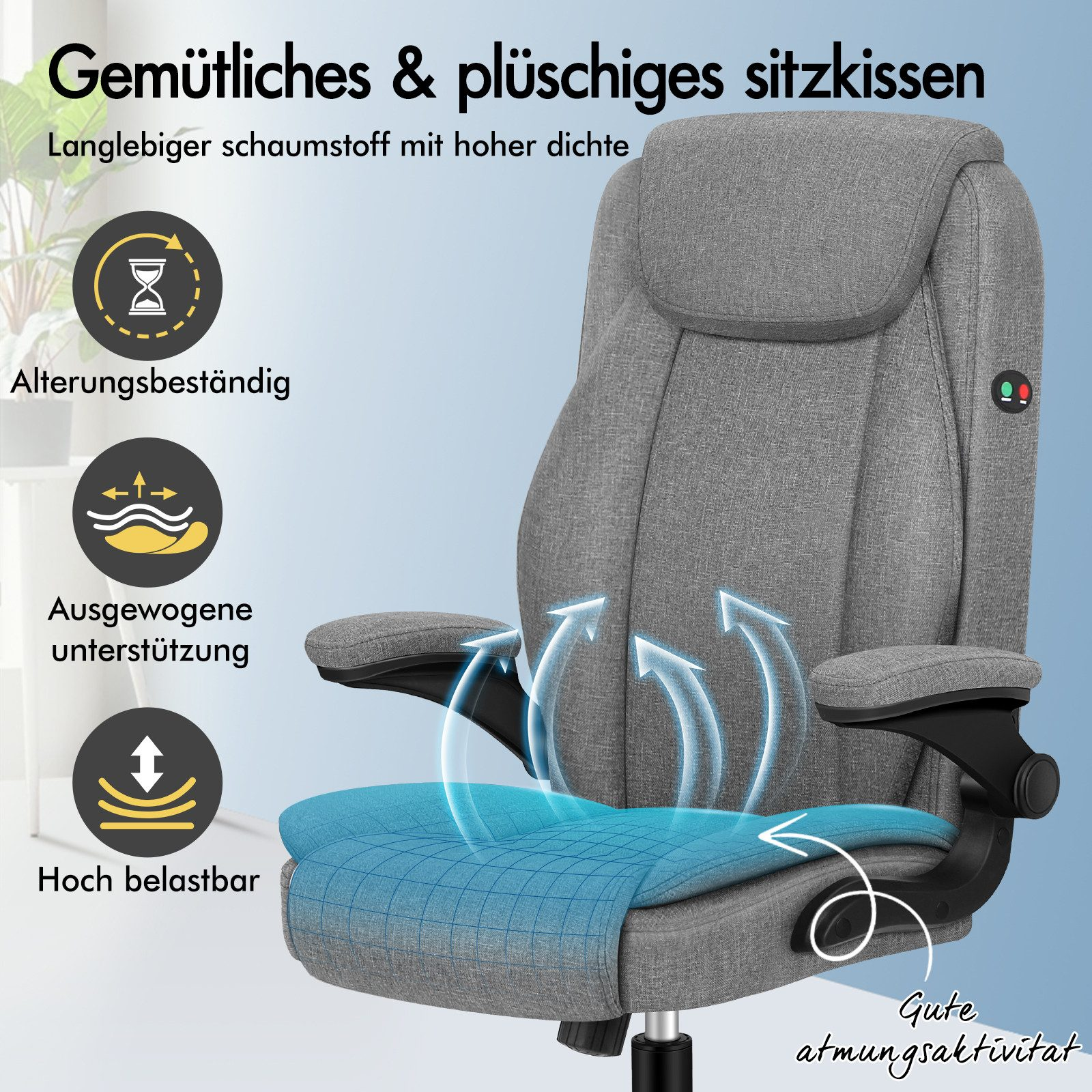 Ein grauer ergonomischer Bürostuhl mit gepolsterter Sitzfläche und Rückenlehne. Pfeile zeigen die Atmungsaktivität an. Textetiketten sind auf Deutsch.
