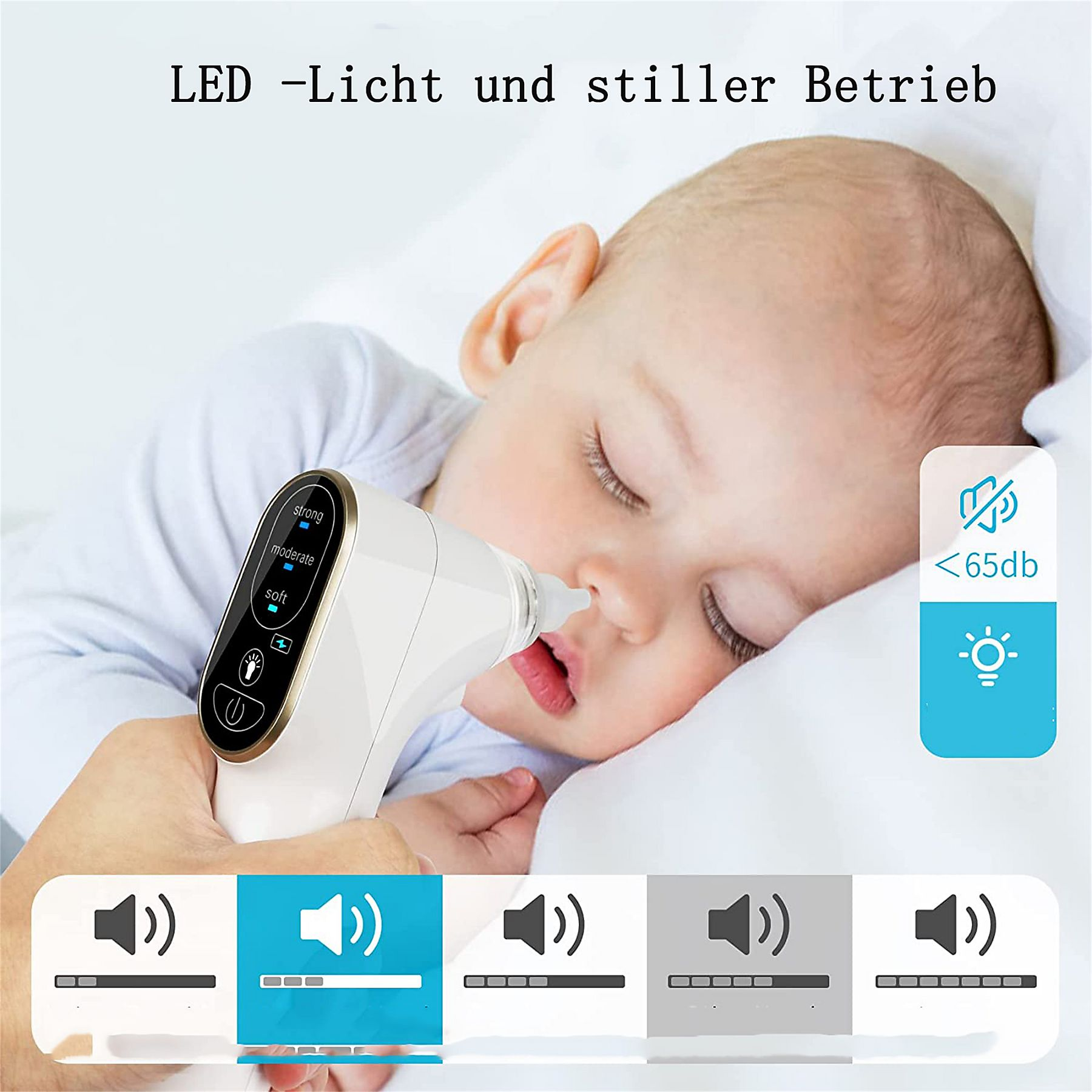 Ein Baby schläft, während ein Gerät an seiner Nase verwendet wird. Das Gerät wird von einer Hand gehalten. Text sagt: LED-Licht und leiser Betrieb.