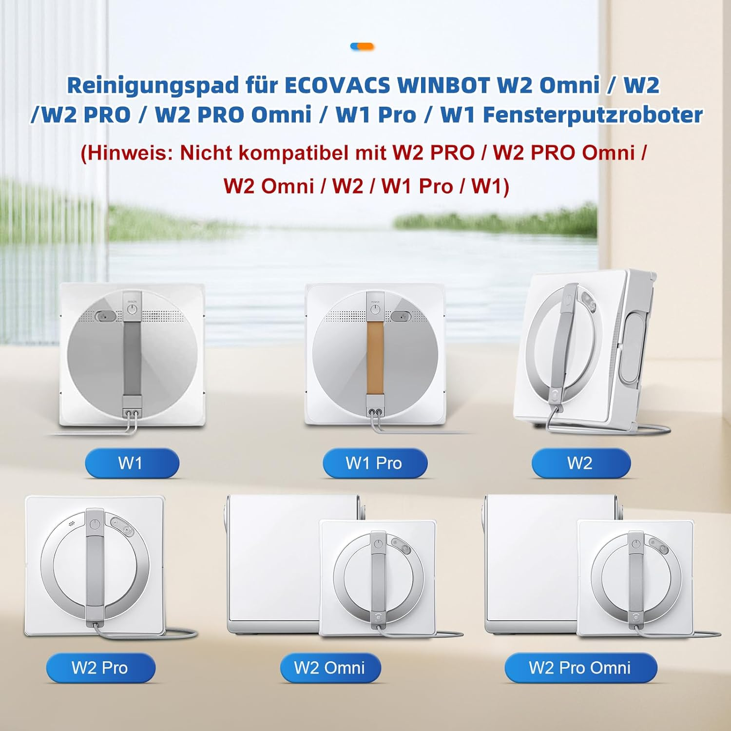 Das Bild zeigt Reinigungspads für ECOVACS Fensterputzroboter. Modelle W1, W1 Pro, W2, W2 Pro, W2 Omni und W2 Pro Omni werden angezeigt.