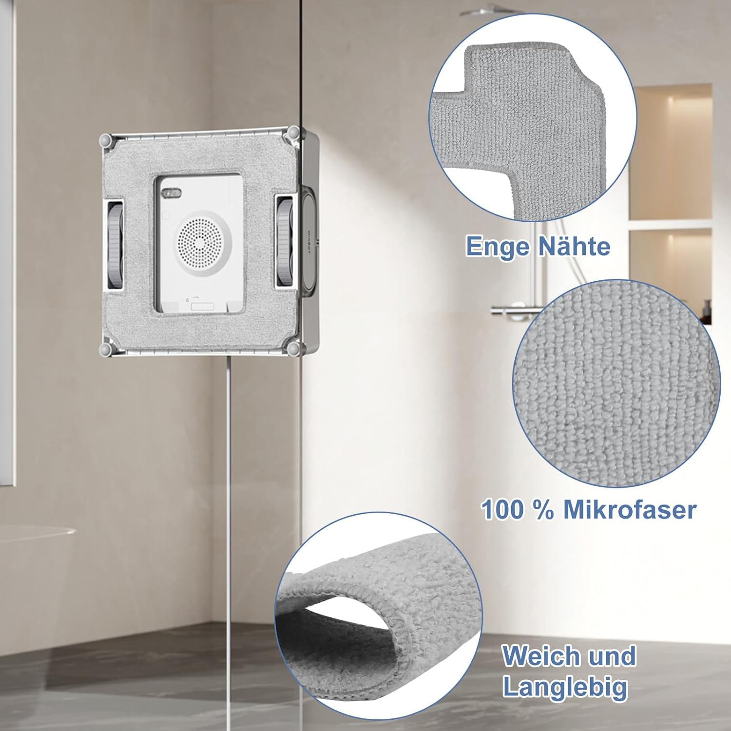 Ein Fensterputzroboter mit grauen Mikrofaserpads ist an einer Glasoberfläche befestigt. Details zeigen Nahaufnahmen des Pads und seiner Textur.