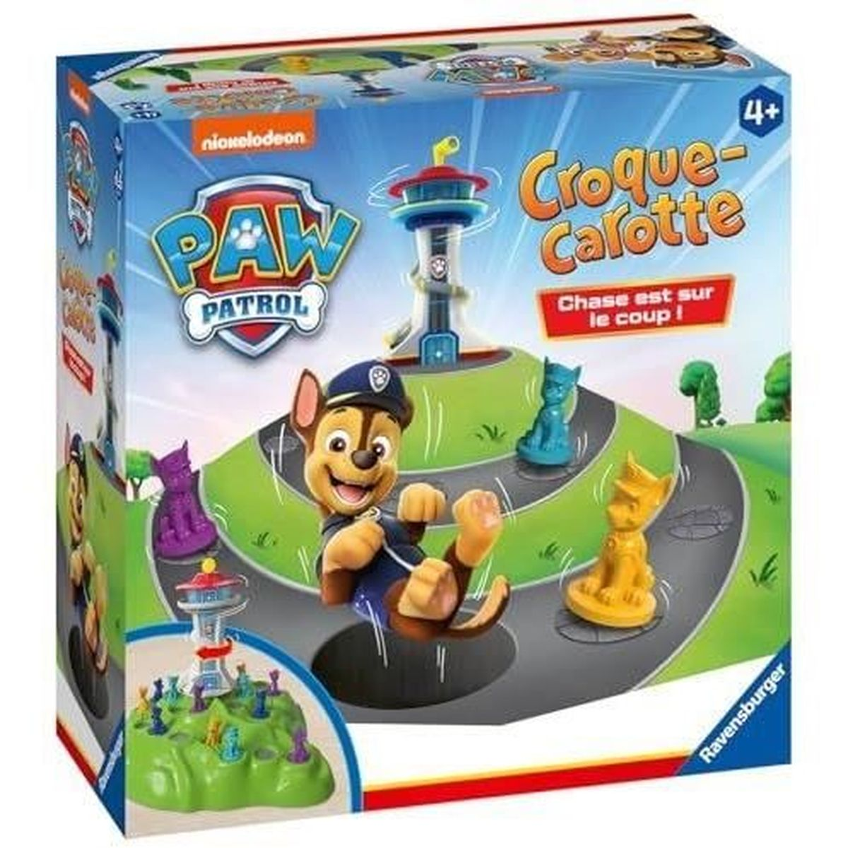 Scatola del gioco da tavolo Paw Patrol. Personaggio di Chase e pedine su una collina verde con una torre. Il titolo è Croque-Carotte.